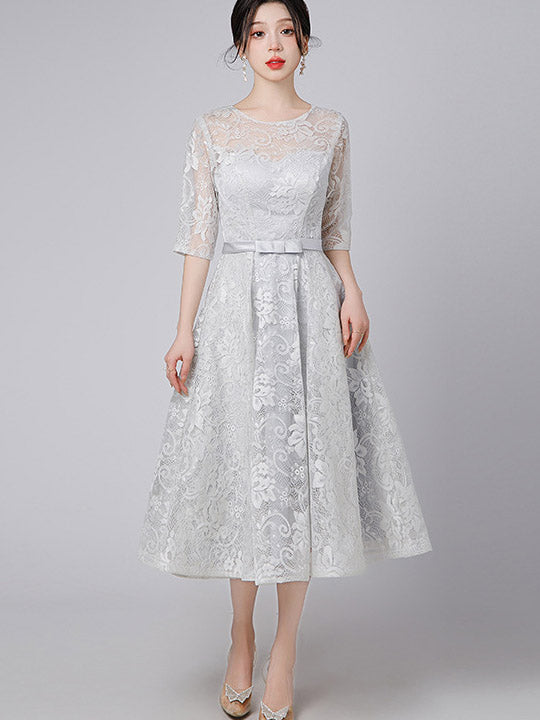 Elegant Gray Blue Floral Lace Midi A-Line Party Dress for Women - Perfect for Cocktail Parties, Weddings & Special Occasions