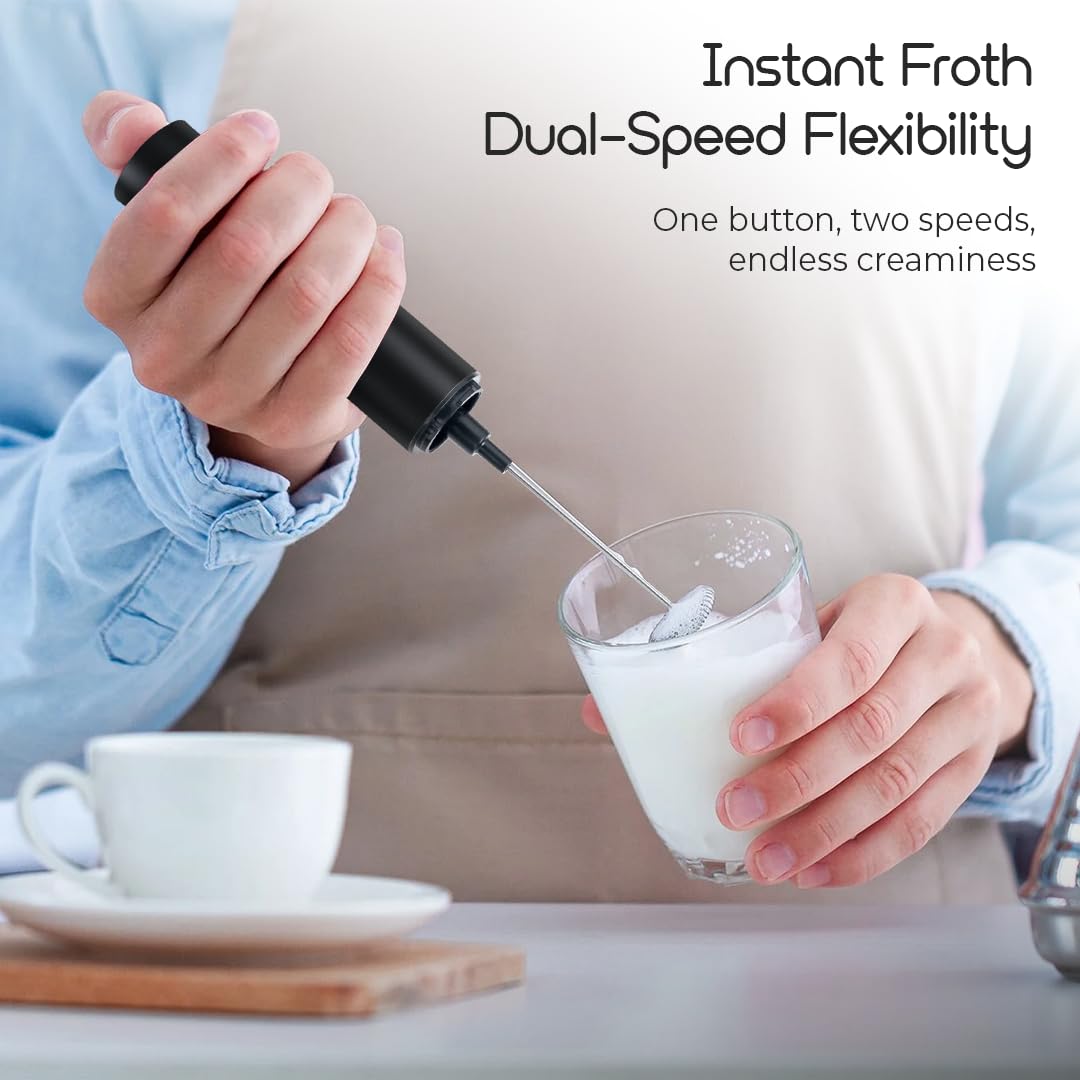 Rechargeable Milk Frother Handheld - 2 Whisks & 2 Speed Electric Coffee Frother for Latte, Cappuccino, Matcha - One Touch Drink Mixer for Home, Office, Coffee Shop (White)