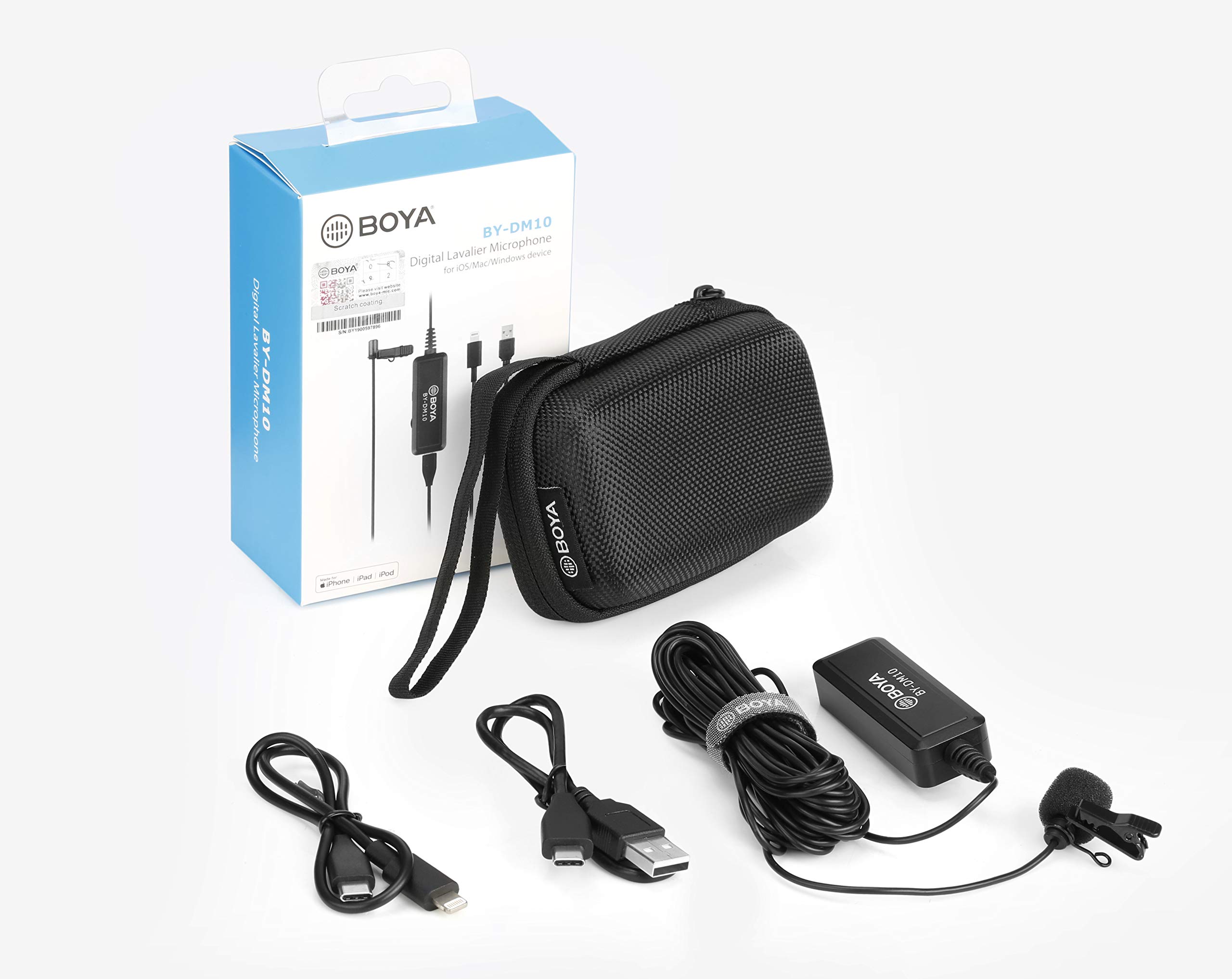 BOYA BY-DM10 Digital Omnidirectional Lavalier Microphone - Lightning & USB Output Cables for iPhone, iPad, Mac & PC - Professional Clip-on Mic for Vlogging, Podcasting, Interviews & Streaming - Black