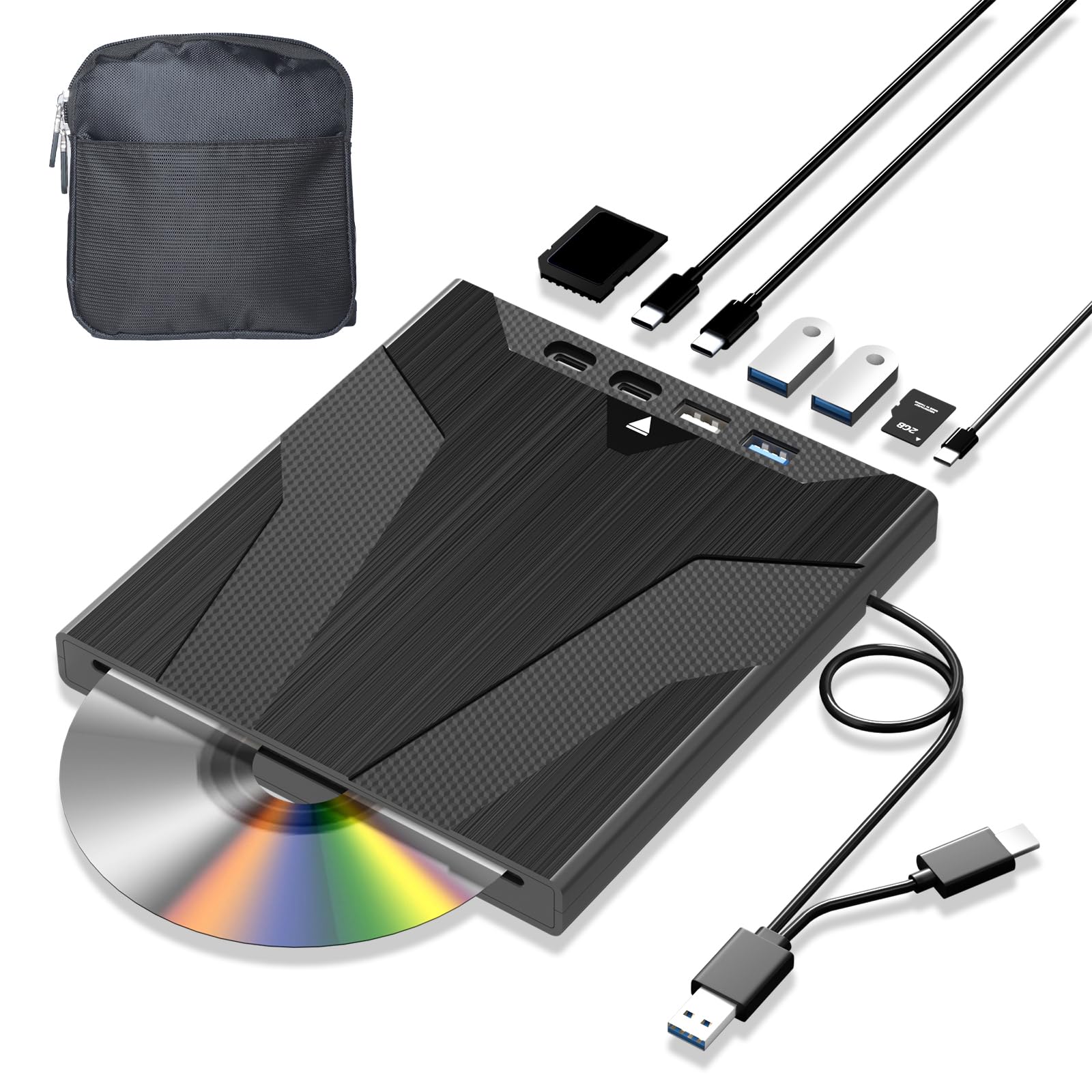 8 in 1 External USB CD/DVD Drive for Laptop & PC - Slot-Loading DVD Burner & Reader Compatible with Windows, MacOS, Linux - Portable Optical Drive with Carrying Case for Home, Office & Travel Use