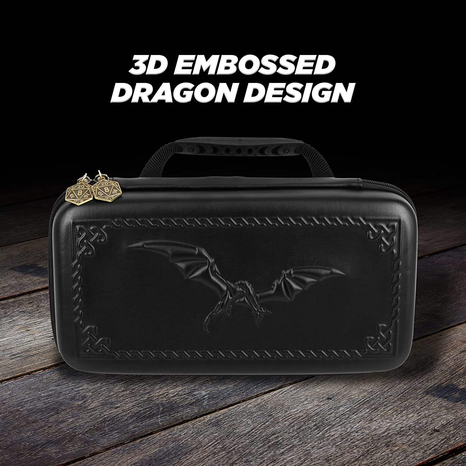 CASEMATIX Dragon Embossed Dice Box & Card Holder - Storage for 9 Sets RPG Dice, Spell Cards, Counters & Accessories - Perfect for D&D, MTG & Tabletop Gaming Adventures