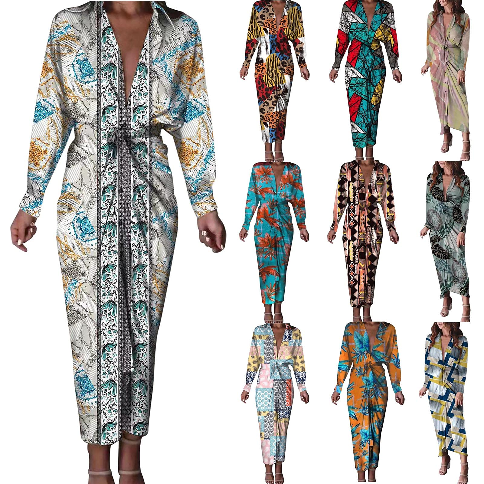 Women's Floral V-Neck Long Sleeve Maxi Shirt Dress with Belt - Casual Ruched Loose Fit Wedding Guest Dress for Fall | Perfect for Parties, Bridal Showers & Outdoor Events