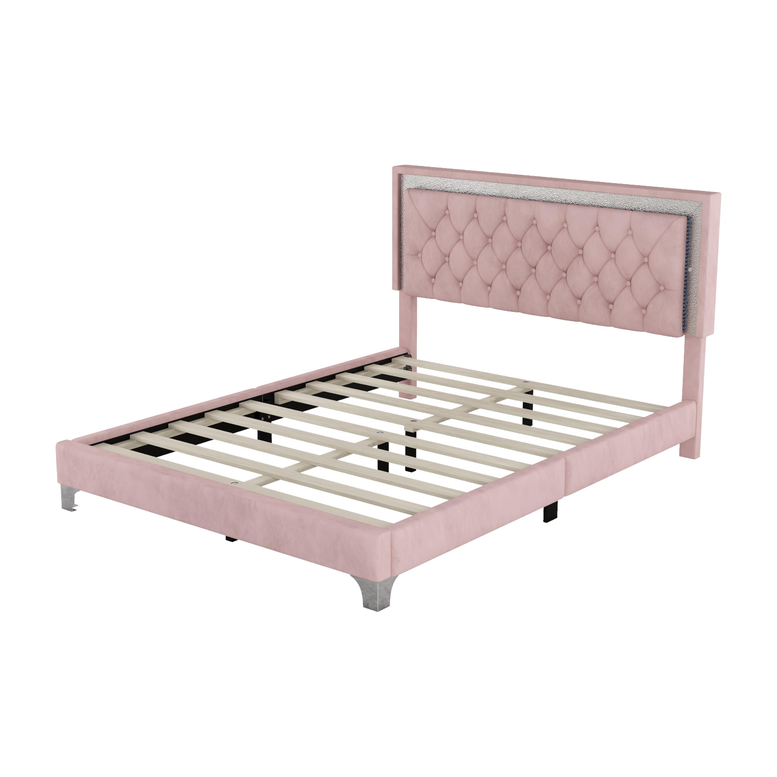 SOFTSEA 3-Piece Pink Velvet Queen Bedroom Set with LED Lights - Upholstered Platform Bed Frame with Headboard & 2 Nightstands, No Box Spring Needed | Modern Bedroom Decor for Master Bedroom, Guest Room or Apartment