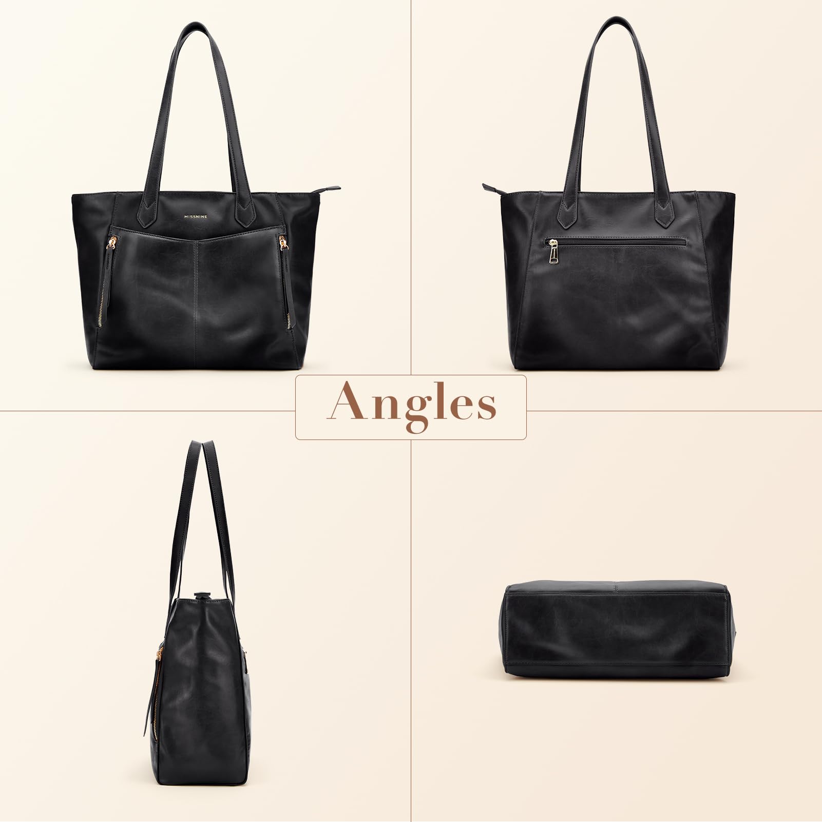 Missnine Leather Tote Bag for Women with Zipper - Work, Travel & Casual Purse