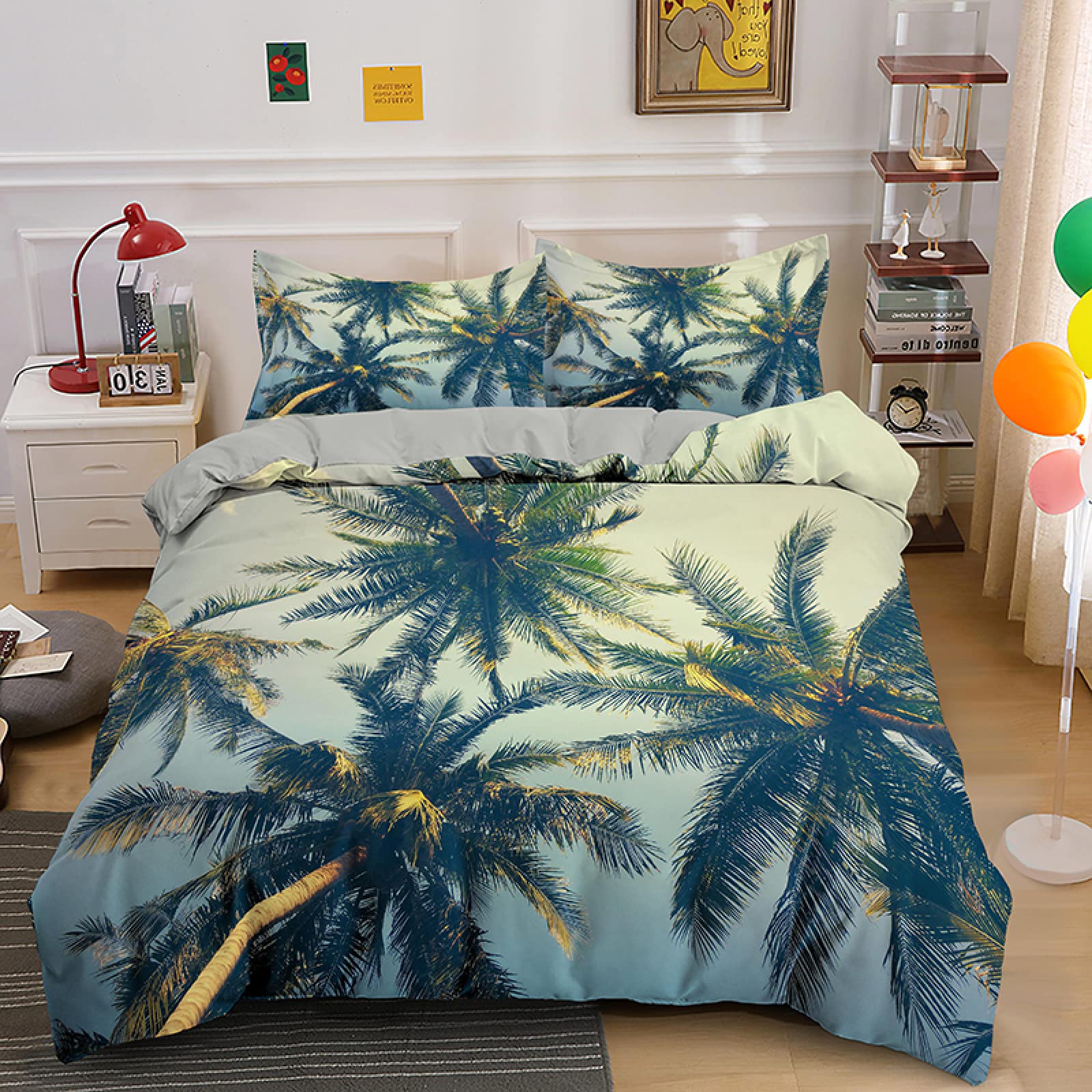 California King Duvet Cover Set - 104x98 Inches Green Palm Tree Design, Soft Breathable Microfiber with Zipper Closure + 2 Pillow Shams (20x36) | Tropical Bedroom Decor for Adults, Luxury Hotel-Style Bedding