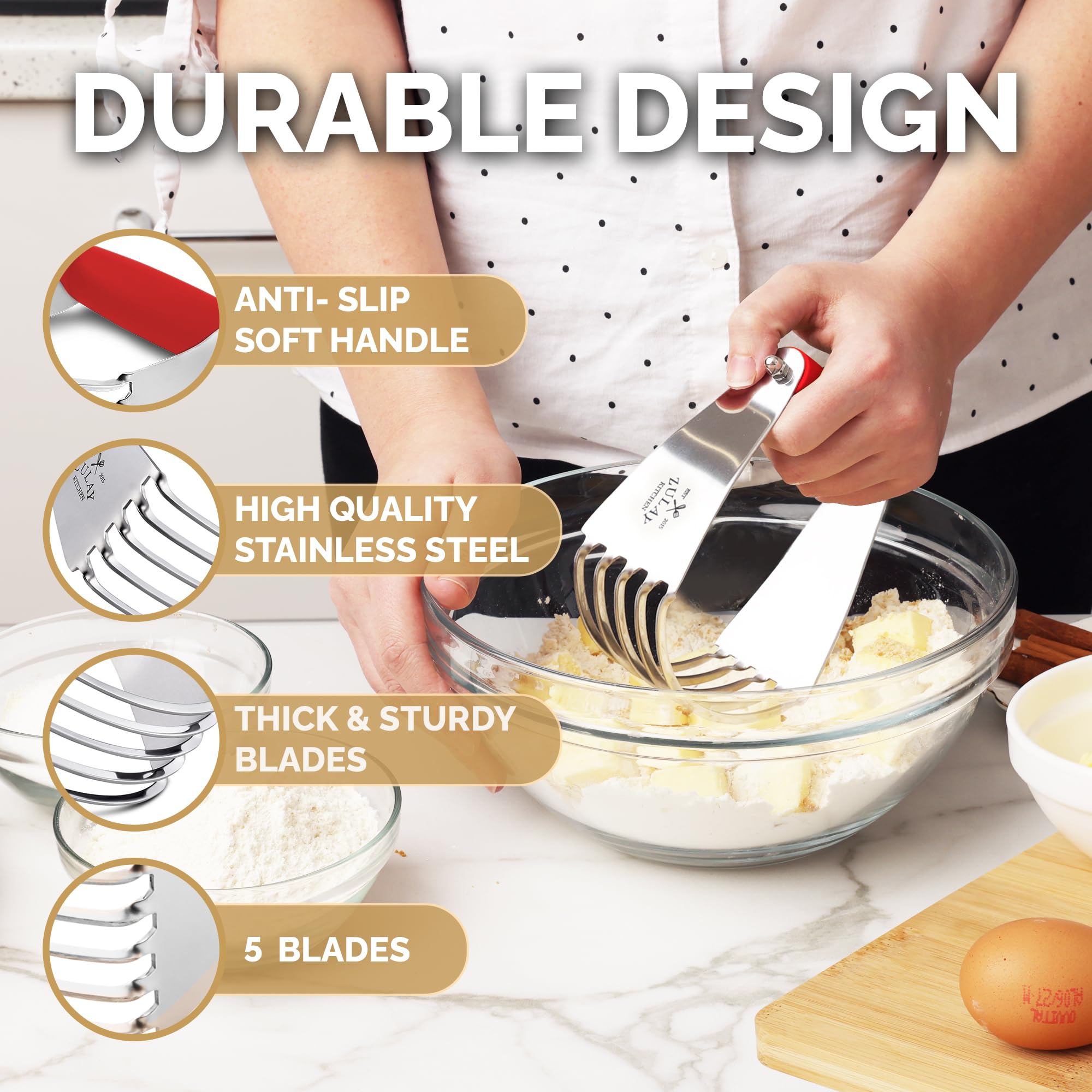 Zulay Kitchen Professional Stainless Steel Dough Blender - Heavy Duty Pastry Cutter with Sharp Blades for Baking Pies, Cookies & Biscuits - Perfect Butter Cutter for Home Bakers (Red) - Ideal for Making Flaky Pastry, Pie Crusts & Homemade Cookies