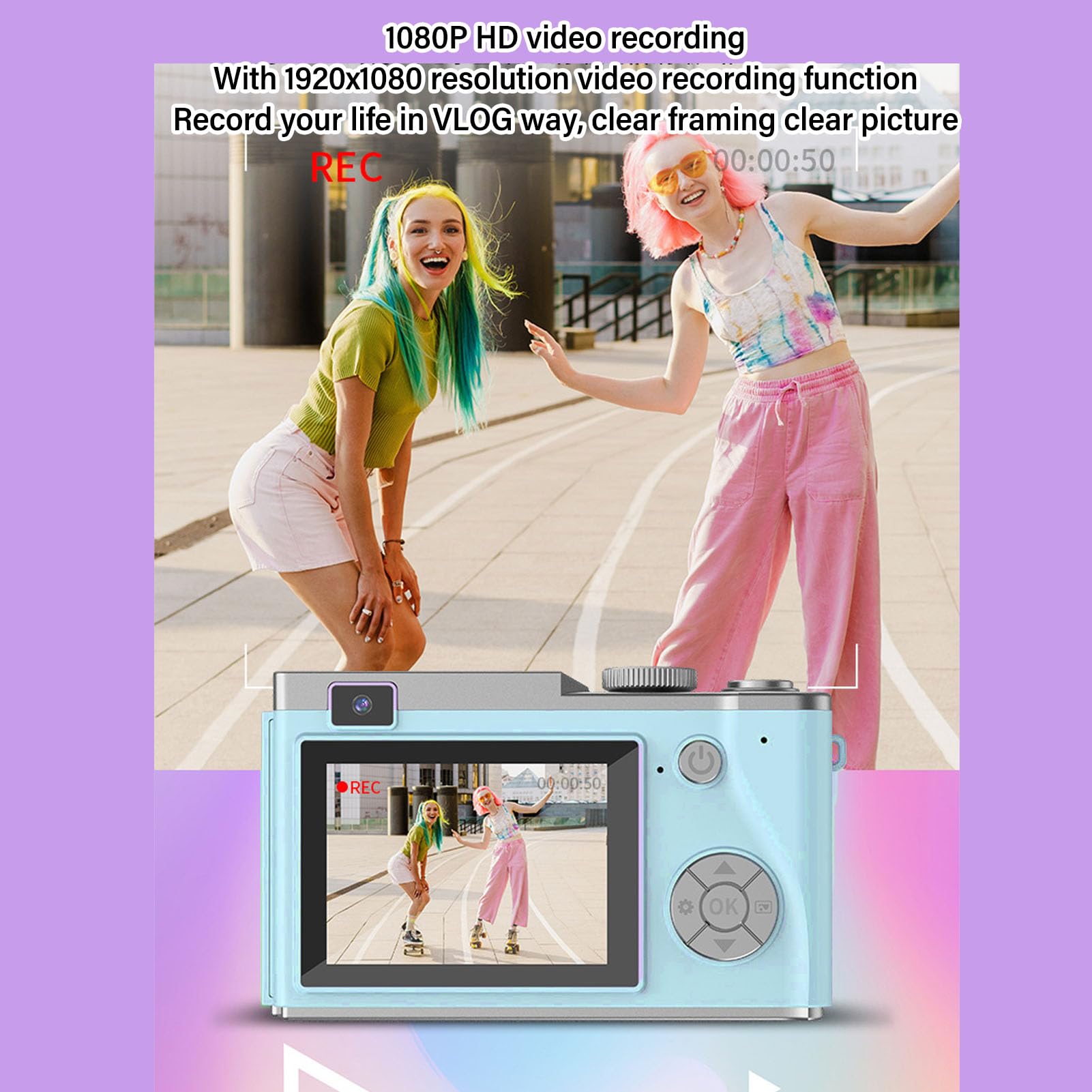 48MP HD 1080P Vlogging Camera with Autofocus & 16X Digital Zoom - Compact Point and Shoot Digital Camera for Teens & Beginners (Light Green) - Perfect for Travel, YouTube Videos & Everyday Photography