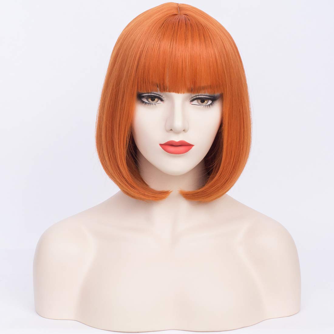 12 Inches Heat Resistant Synthetic Orange Bob Wig with Bangs for Women & Girls - Perfect for Halloween, Cosplay, and Costume Parties