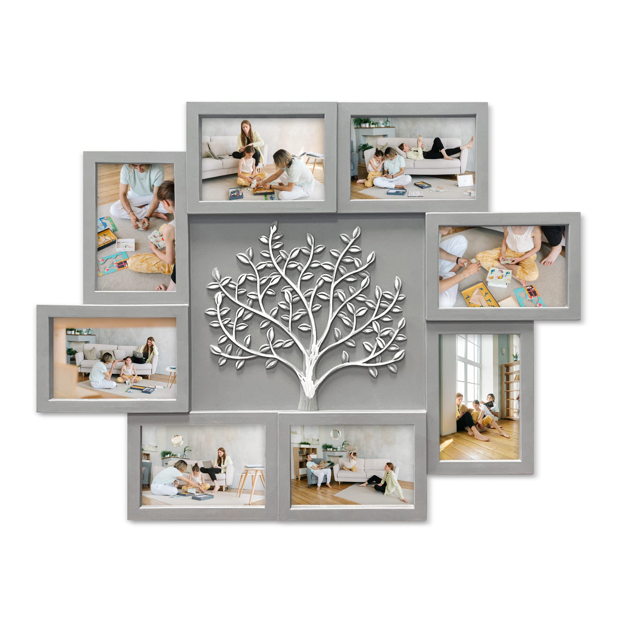 HELLO LAURA - Elegant Tree Collage Picture Frame Wall Decor | Large 4x6 Inch Photo Display for Family & Friends | Perfect for Living Room, Bedroom, or Office Gallery Wall (Grey)