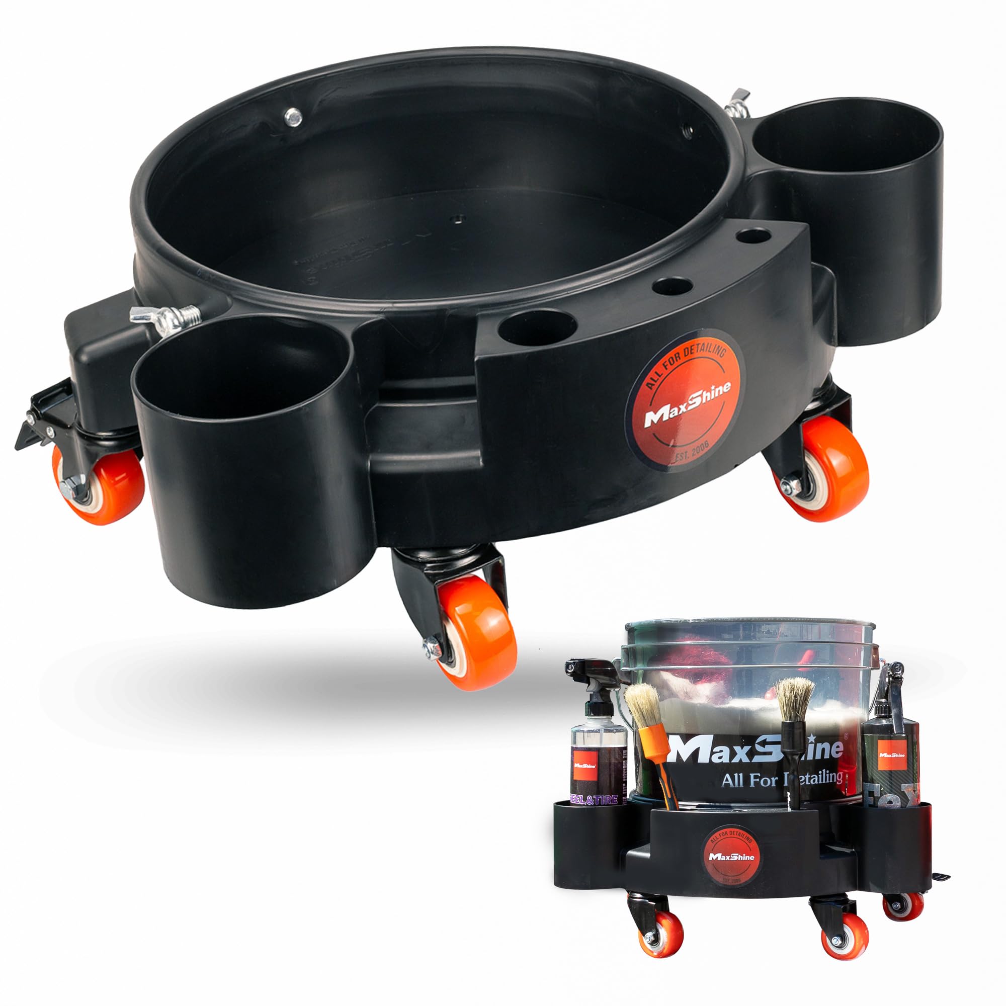 Maxshine 5 Gallon Rolling Bucket Dolly - Heavy-Duty Detailing Cart with 5 Wheels & 2 Locking Casters, Professional Car Wash Organizer for Cleaning Compounds & Brushes - Ideal for Auto Detailing, Mobile Car Wash & Garage Organization (Black)