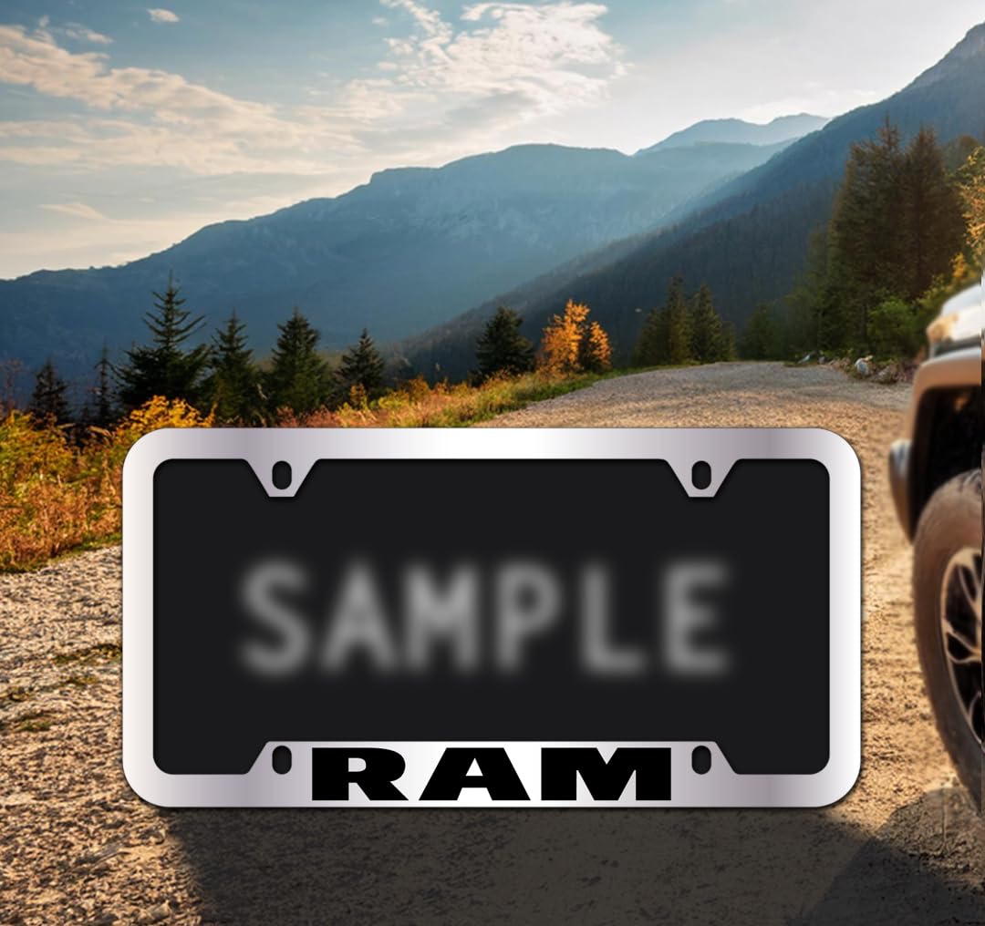 Dodge Ram Heavy Duty Metal Engraved License Plate Frame - Rustproof Car Truck License Plate Holder for Dodge Ram 1500 2500 3500 - Perfect for Off-Roading, Car Shows & Customization