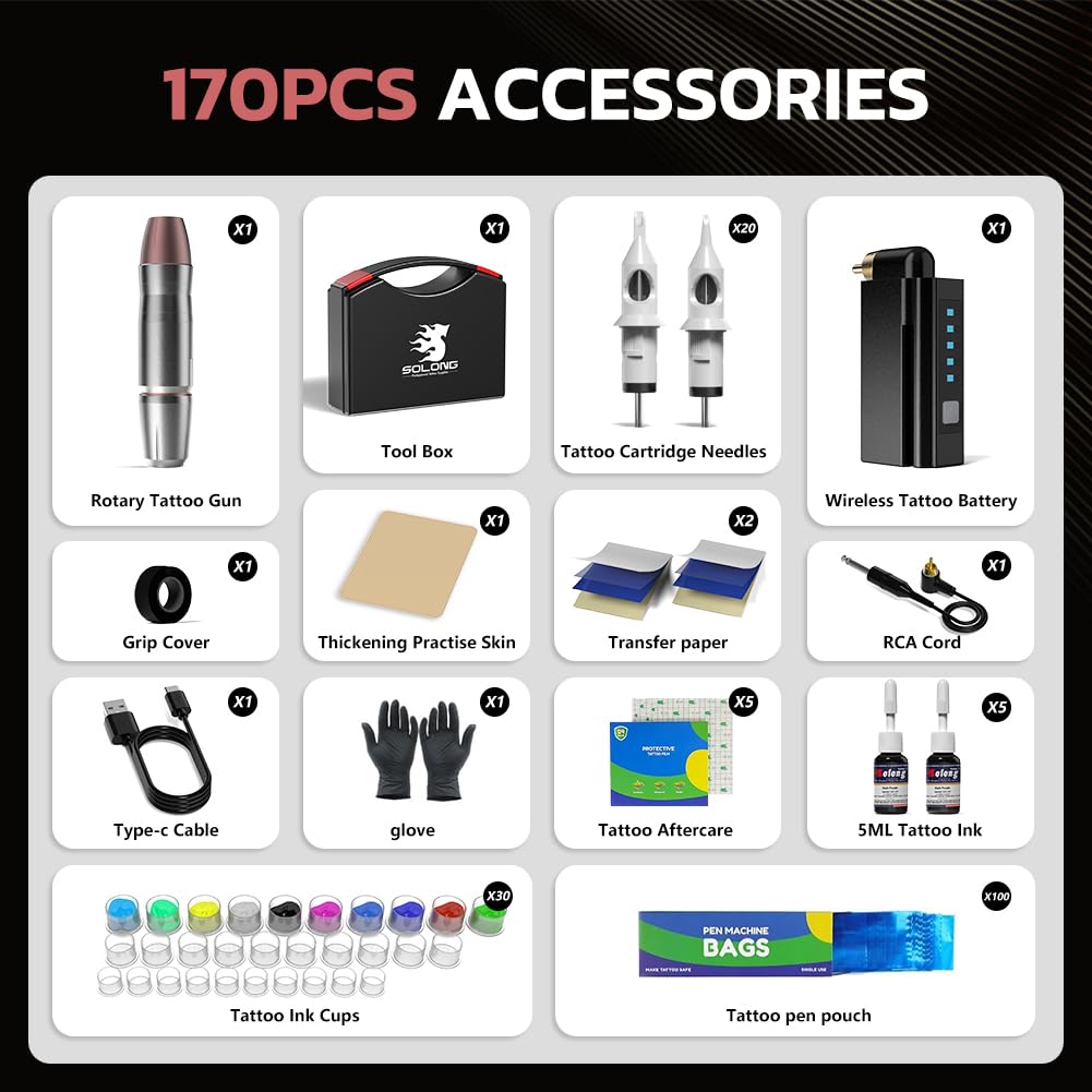 Solong 1500mAh Wireless Tattoo Machine Kit - Professional Cordless Tattoo Gun with 20pcs Needle Cartridges & Carry Case | Perfect for Tattoo Artists & Studio Work | Includes Aftercare Bandage