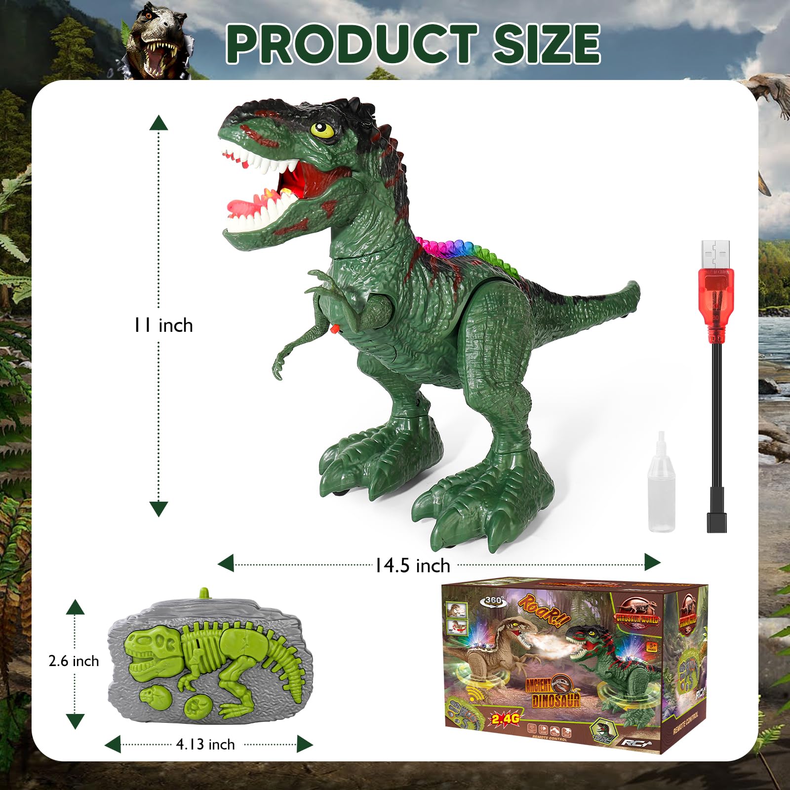 Remote Control Dinosaur Toy - 2.4GHz Rechargeable Walking Dinosaur with Realistic Roaring & Water Vapor Spray - Best Jurassic Gift for Boys Girls Ages 3-7 - Perfect for Birthday, Easter & Pretend Play Adventures