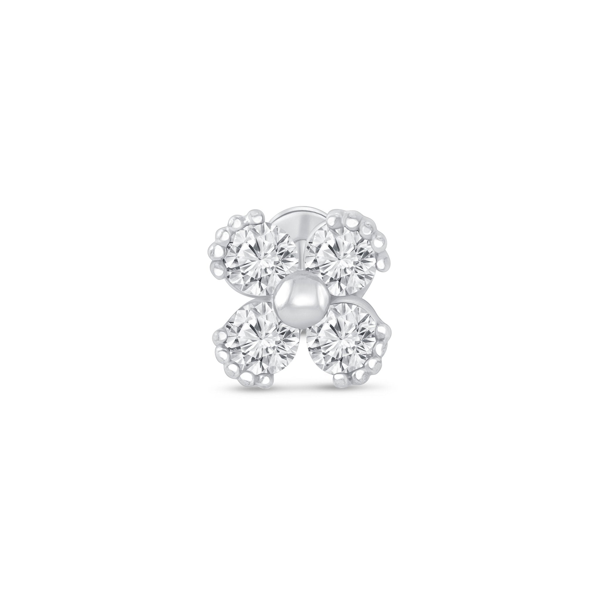 14k White Gold Beaded Four Petal Flower Diamond Flat Back Stud Earrings for Women - Perfect for Weddings, Parties & Everyday Elegant Wear