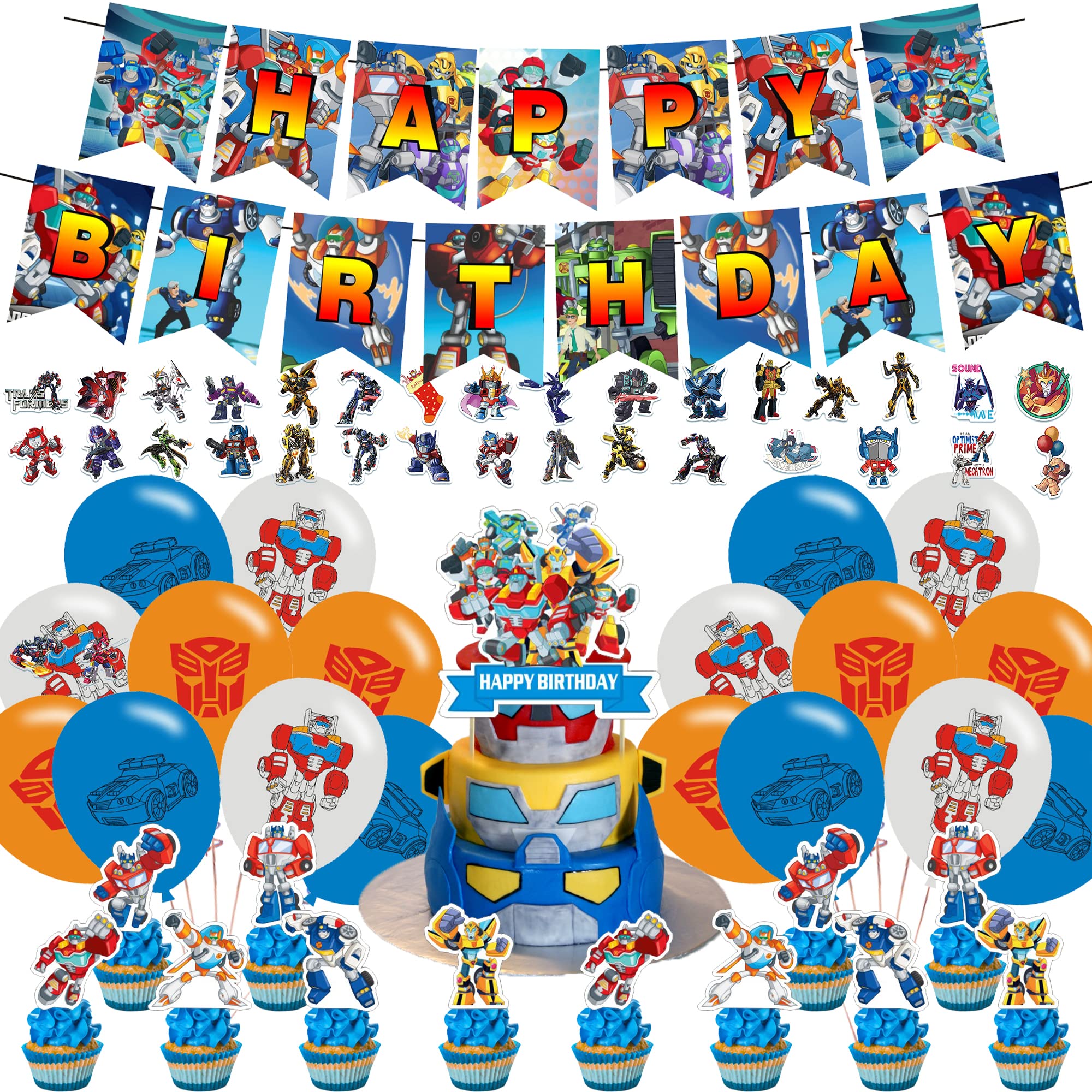 Transformers Rescue Bots Birthday Party Decorations Set - Includes Banner, Cake Topper, 12 Cupcake Toppers, 18 Balloons & 50 Stickers - Perfect for Kids Birthday Party, Themed Events & Transformers Fans Celebration