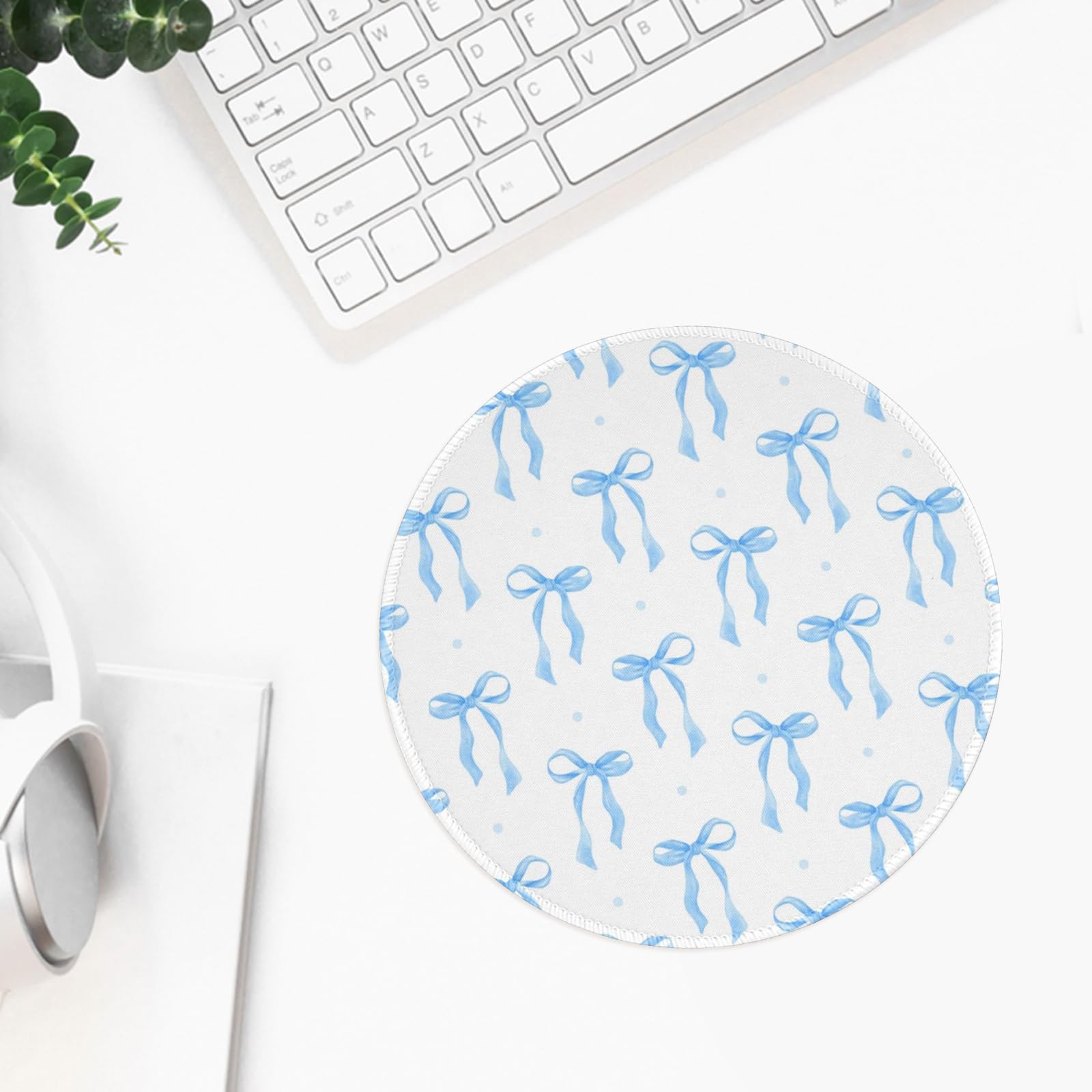 Cute Round Travel Mouse Pad with Blue Bows - Aesthetic Kawaii Office Accessories for Laptop & Wireless Mouse - Mini Non-Slip Desk Mousepad for Home, Office & Travel Use