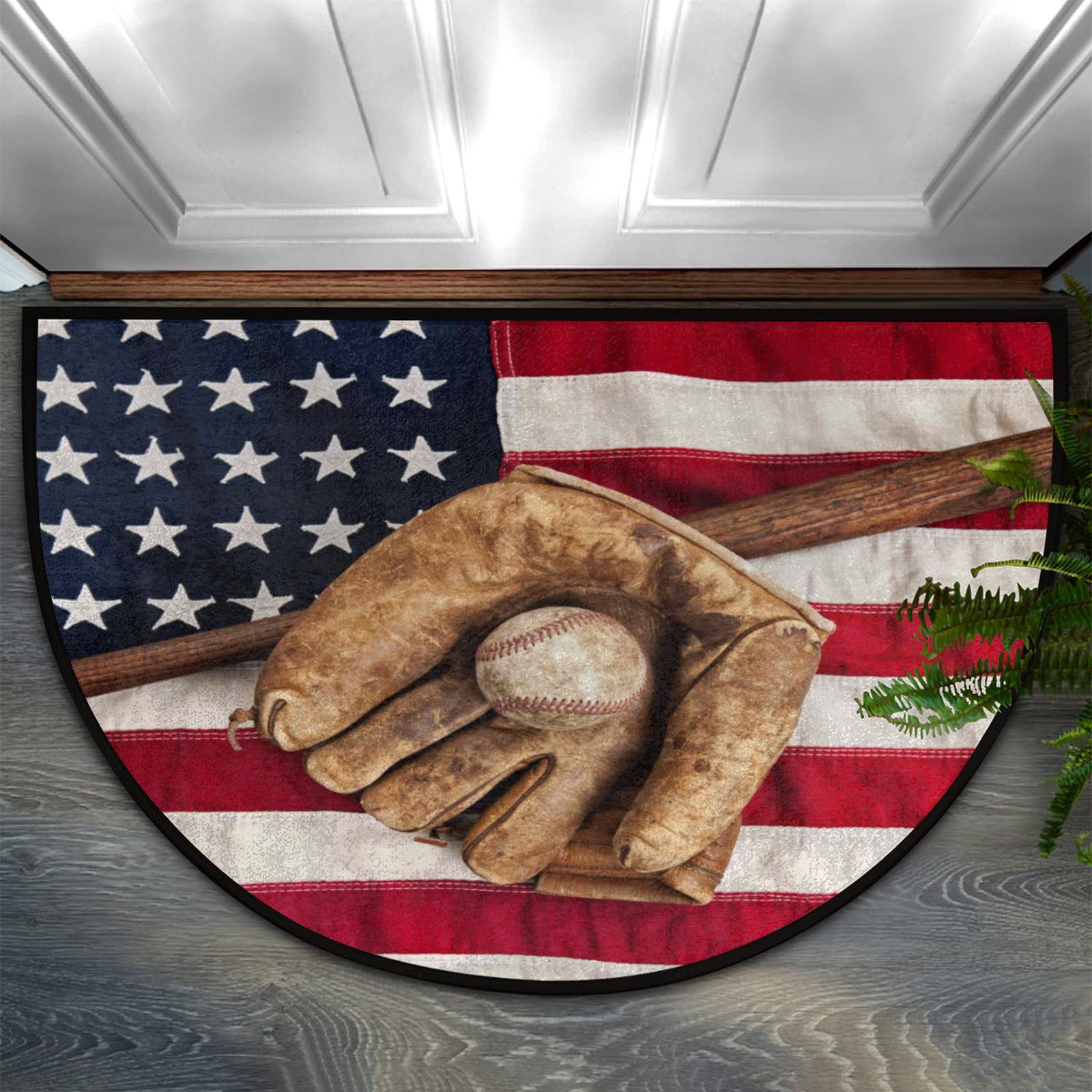 Vintage Baseball American Flag Half Round Door Mat - Non-Slip Welcome Rug for Indoor/Outdoor Use - 36x24 Inch Half Circle Entryway Decor for Porch, Front Door & Mudroom