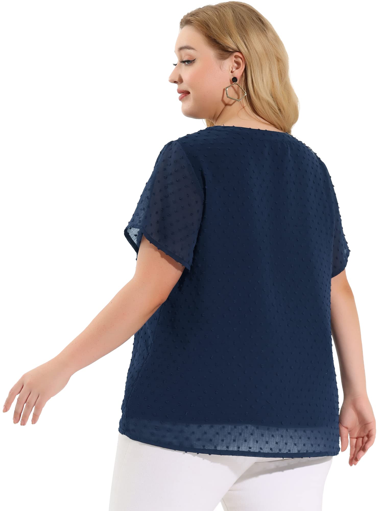 Agnes Orinda Plus Size Women's Summer Tops - Swiss Dot Print Notched Neck Short Sleeve Blouse | Casual Office Wear & Vacation Outfit