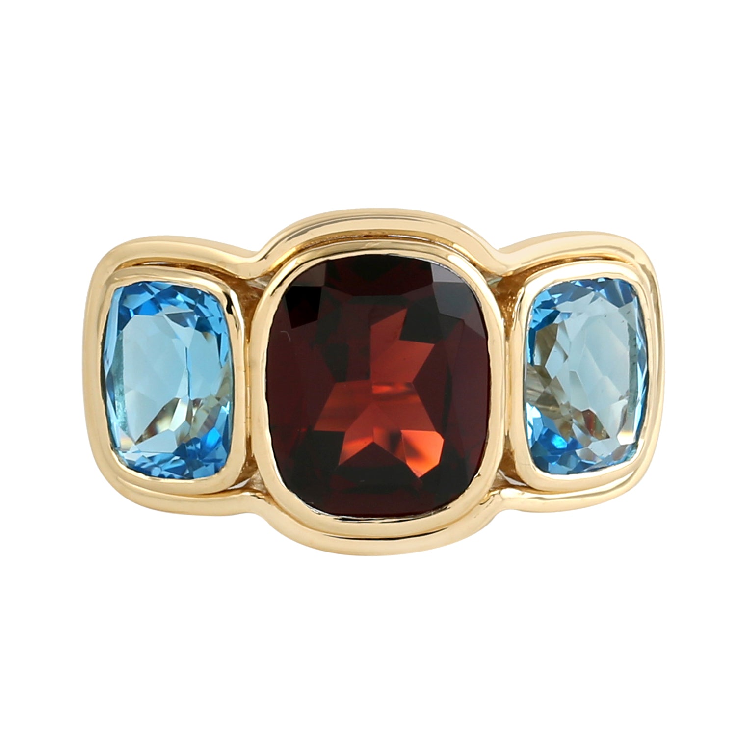 18k Yellow Gold Cushion Cut Blue Topaz & Garnet Three Stone Ring for Women – Elegant Gift for Anniversary, Engagement, or Special Occasion