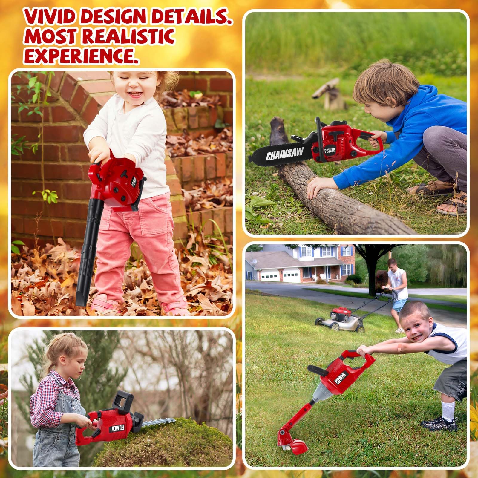 4-Piece Kids Gardening Tool Set - Toy Leaf Blower, Lawn Trimmer, Chainsaw & Lawn Cutter with Battery - Pretend Play Outdoor Toys for Boys & Girls - Perfect for Christmas Gifts, Birthday Parties & Backyard Fun