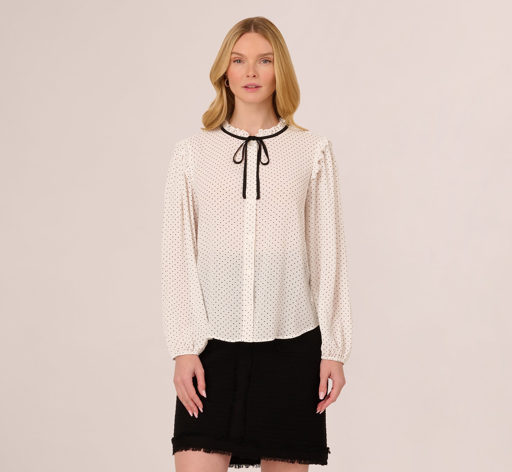 Bishop Sleeve Polka Dot Tie Neck Blouse - Ivory Mini Dot Floral Print Women's Top for Office, Date Night & Spring Outfits