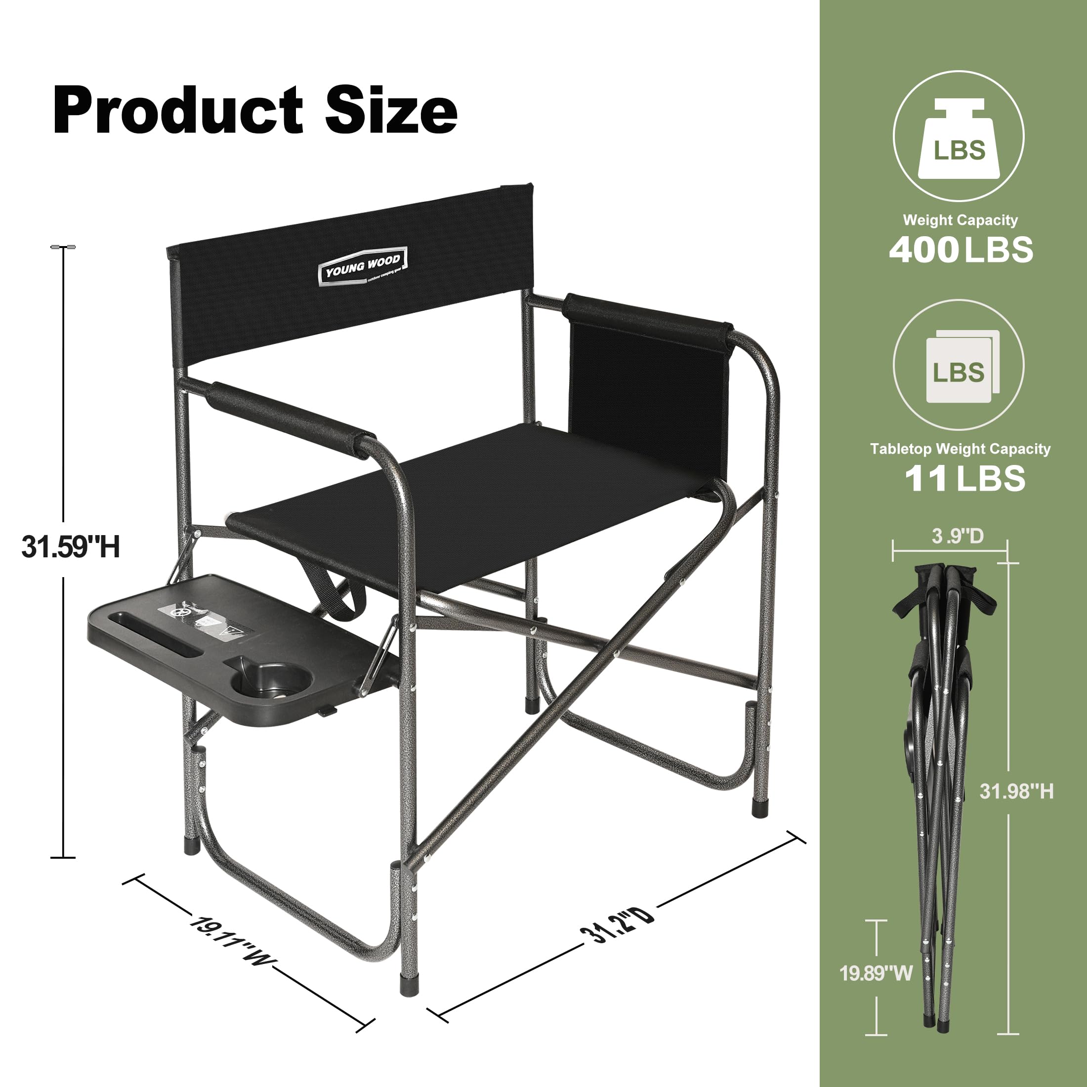YOUNG WOOD Lightweight Oversized Portable Folding Camping Chair with Side Table & Storage Pockets - Heavy Duty 400lbs Capacity for Outdoor Camping, Hiking, Picnics, Fishing, Beach, Backyard & Tailgating (Black)