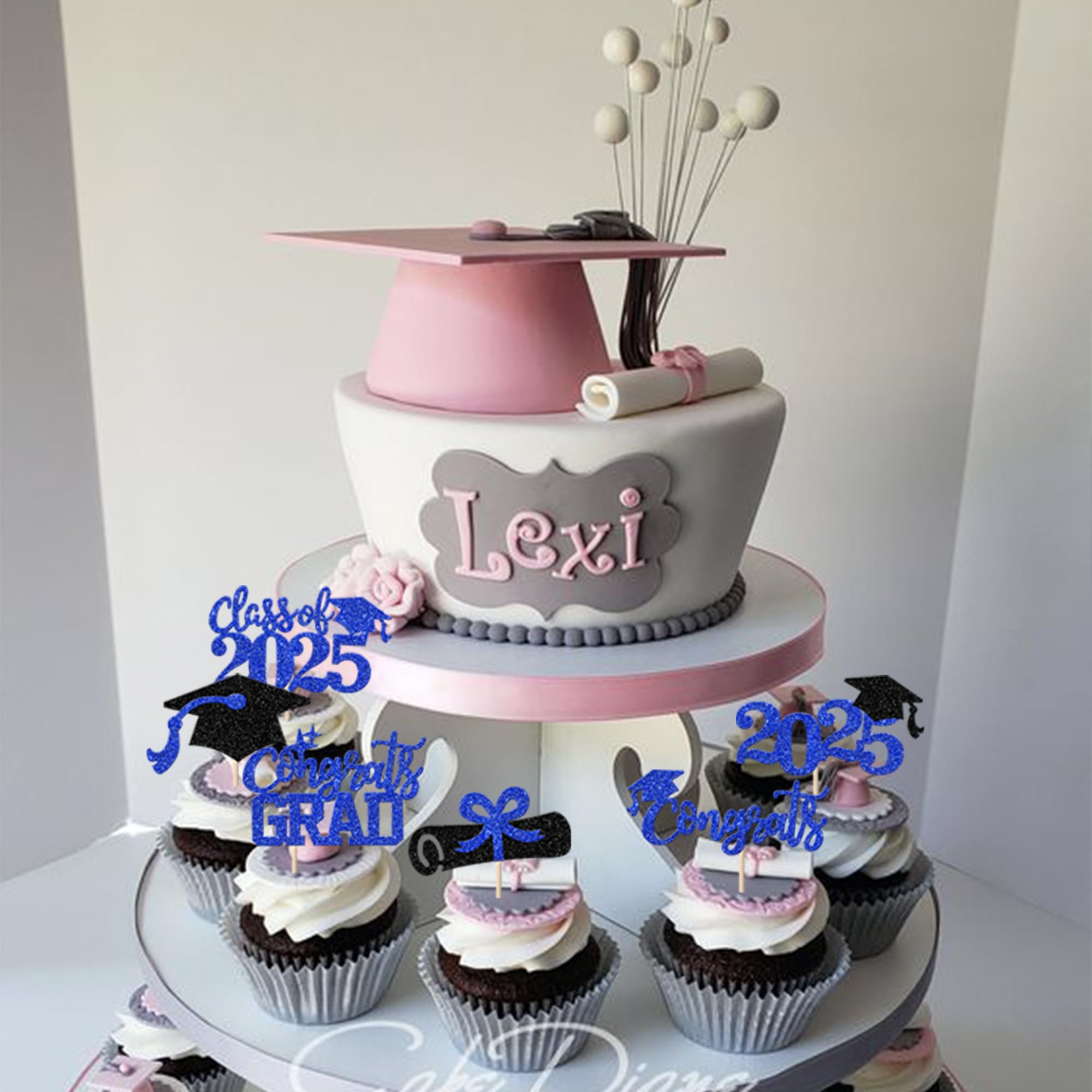 Rsstarxi 24 Pack Class of 2025 Graduation Cupcake Toppers - Glitter 2025 Grad Diploma Cap Cake Decorations for Graduation Party Supplies (Blue & Black) - Perfect for High School, College Graduation Celebrations & Cake Decorating