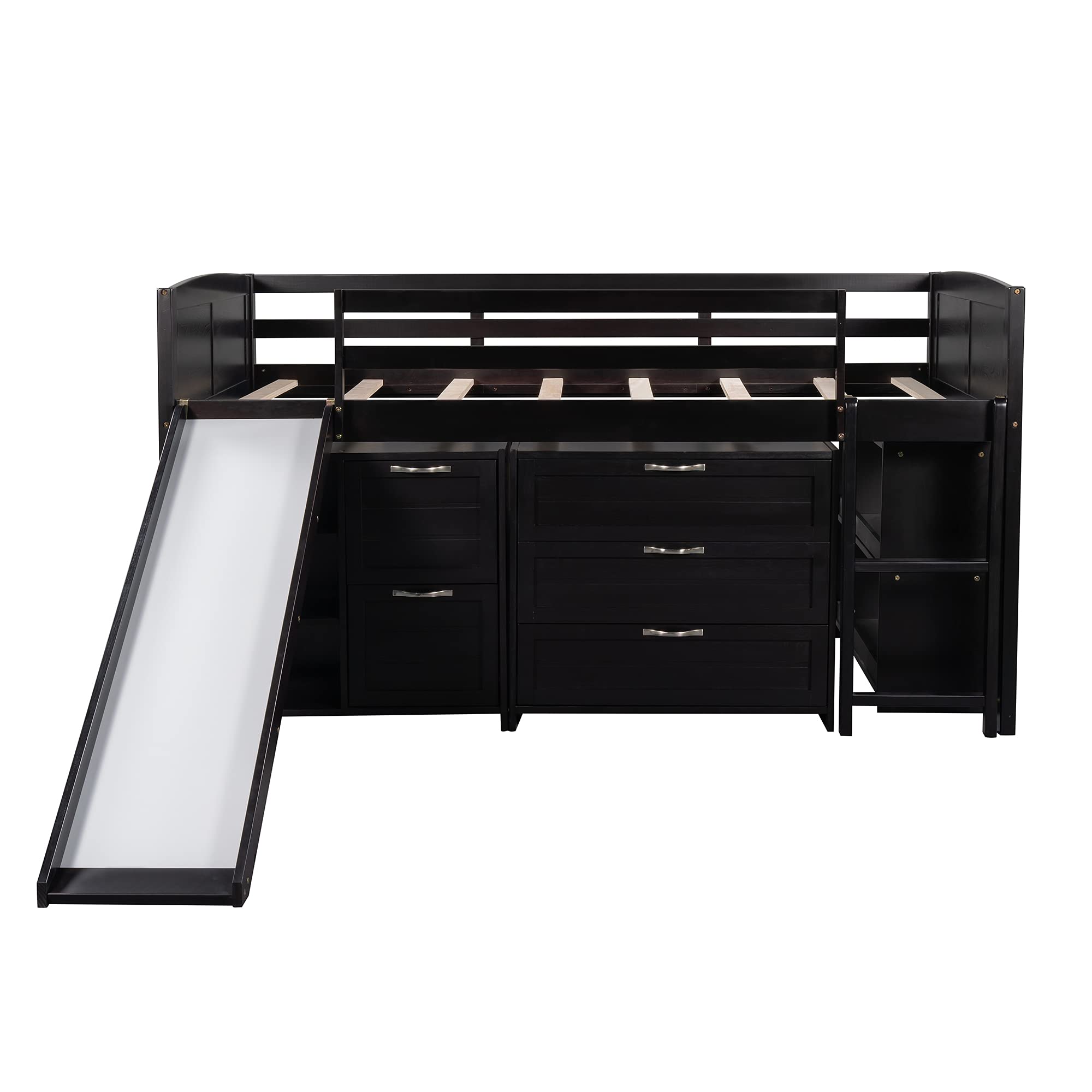 Wood Low Loft Bed Frame with Slide & Study Desk - Twin Size Solid Wood Loft Bed with Storage Cabinet, Drawers & Shelves for Kids, Teens, Boys & Girls - Perfect for Small Bedrooms, Playrooms & Dorm Rooms (Espresso Finish)