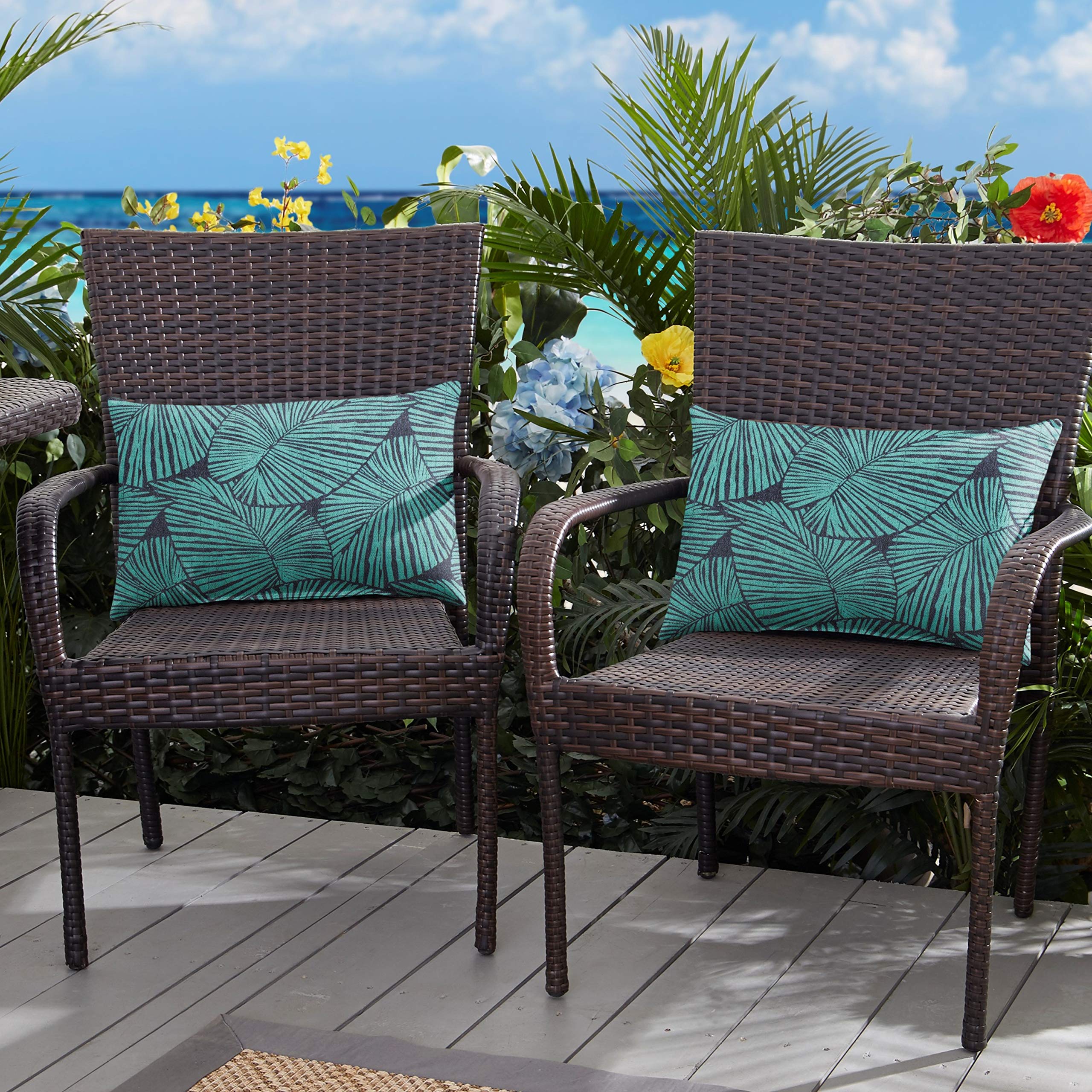 Sorra Home Indoor/Outdoor Knife Edge Lumbar Pillow Set of 2 - Blue Tropical Print Decorative Throw Pillows for Sofa, Bed, Patio & Poolside Lounge