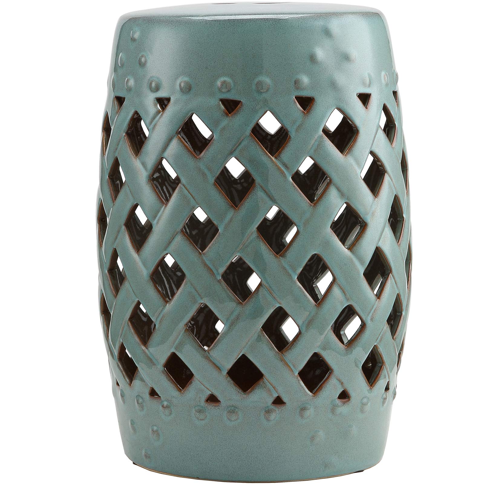 Knocbel Decorative Ceramic Garden Stool - Double-Coin Knotted Ring Design Side Table for Indoor & Outdoor Use - Glazed Durable Plant Stand (13.5