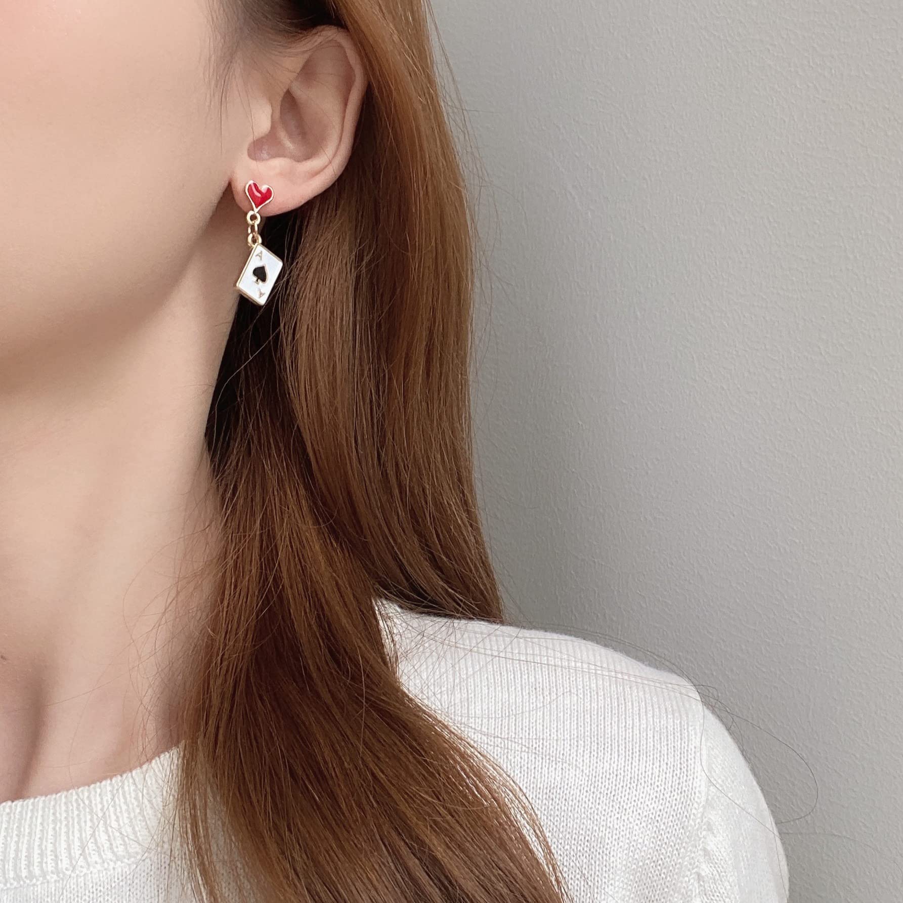 Queen of Hearts Earrings - Red Heart Poker Drop Dangle Earrings for Women | Asymmetric Long Clock Design | Costume Jewelry Accessories | Perfect for Cosplay, Halloween, Casino Parties & Themed Events