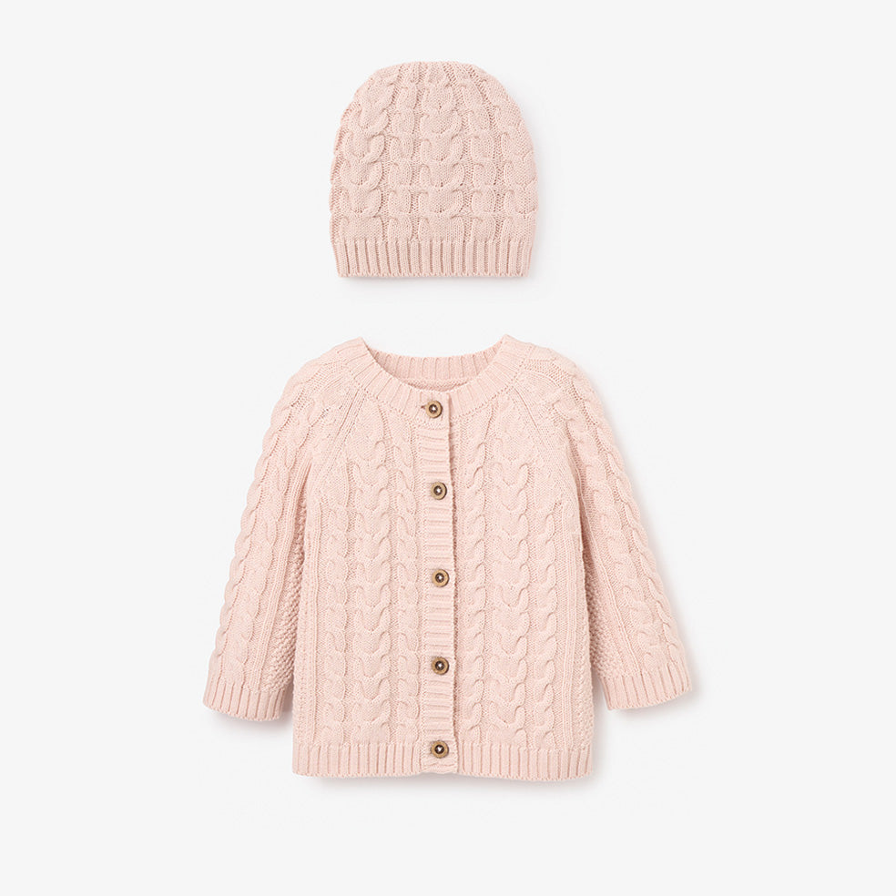 Pale Pink Horseshoe Cable Knit Baby Cardigan and Hat Gift Set - Newborn Photo Outfit, Christening Outfit, Baby Shower Gift, Winter Layering