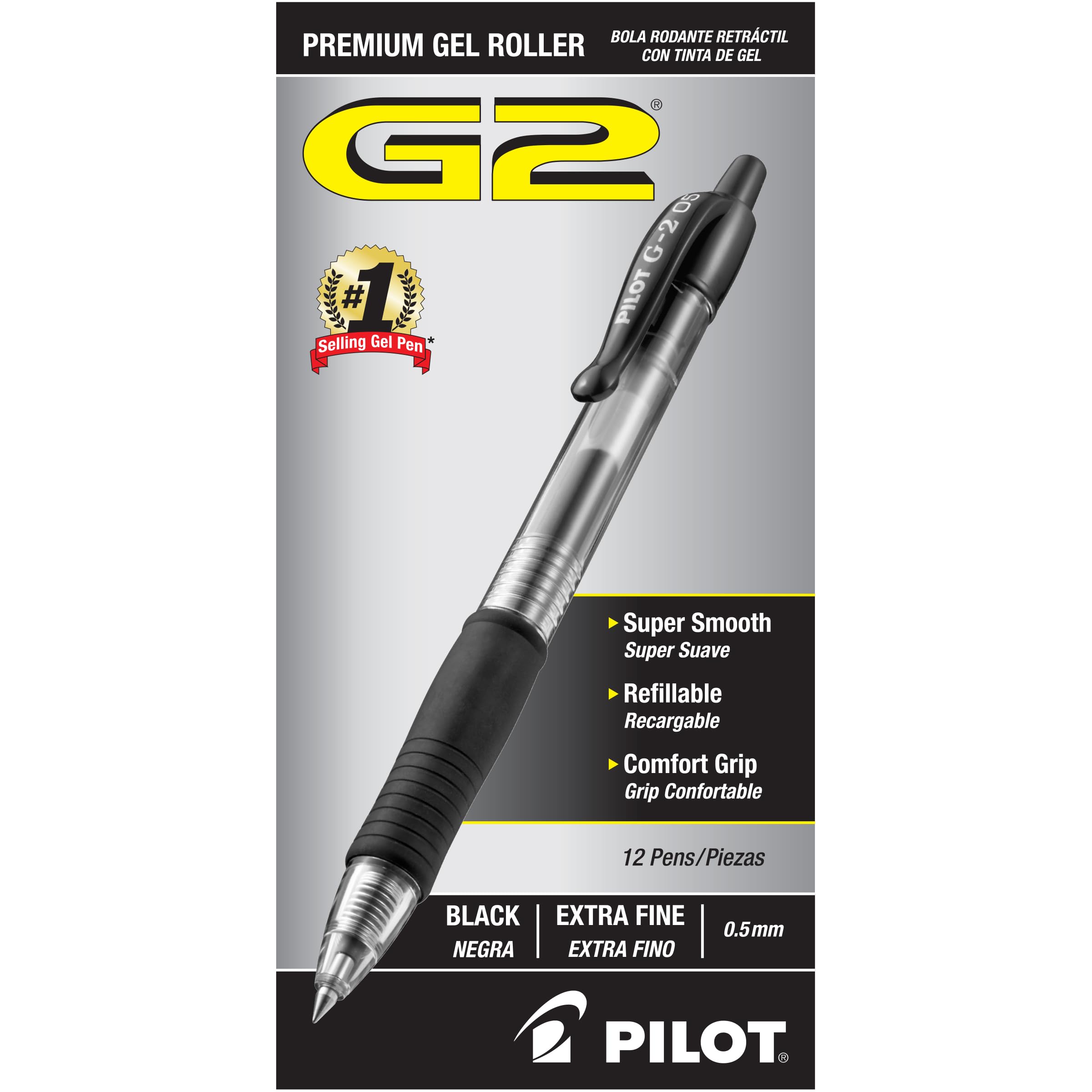 Pilot G2 Premium Gel Roller Pens - 12 Pack Black Ink, 0.5mm Extra Fine Point for Smooth Writing - Perfect for Office, School, Note Taking & Journaling