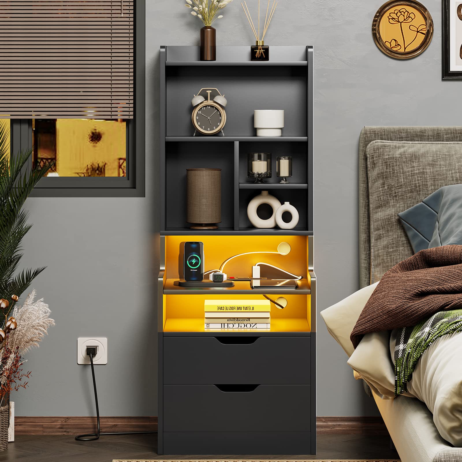 ADORNEVE 2-Piece LED Charging Nightstand Set with Bookshelf & Drawers - Modern Black Bedside Tables for Bedroom | Perfect for Reading, Phone Charging & Bedside Storage