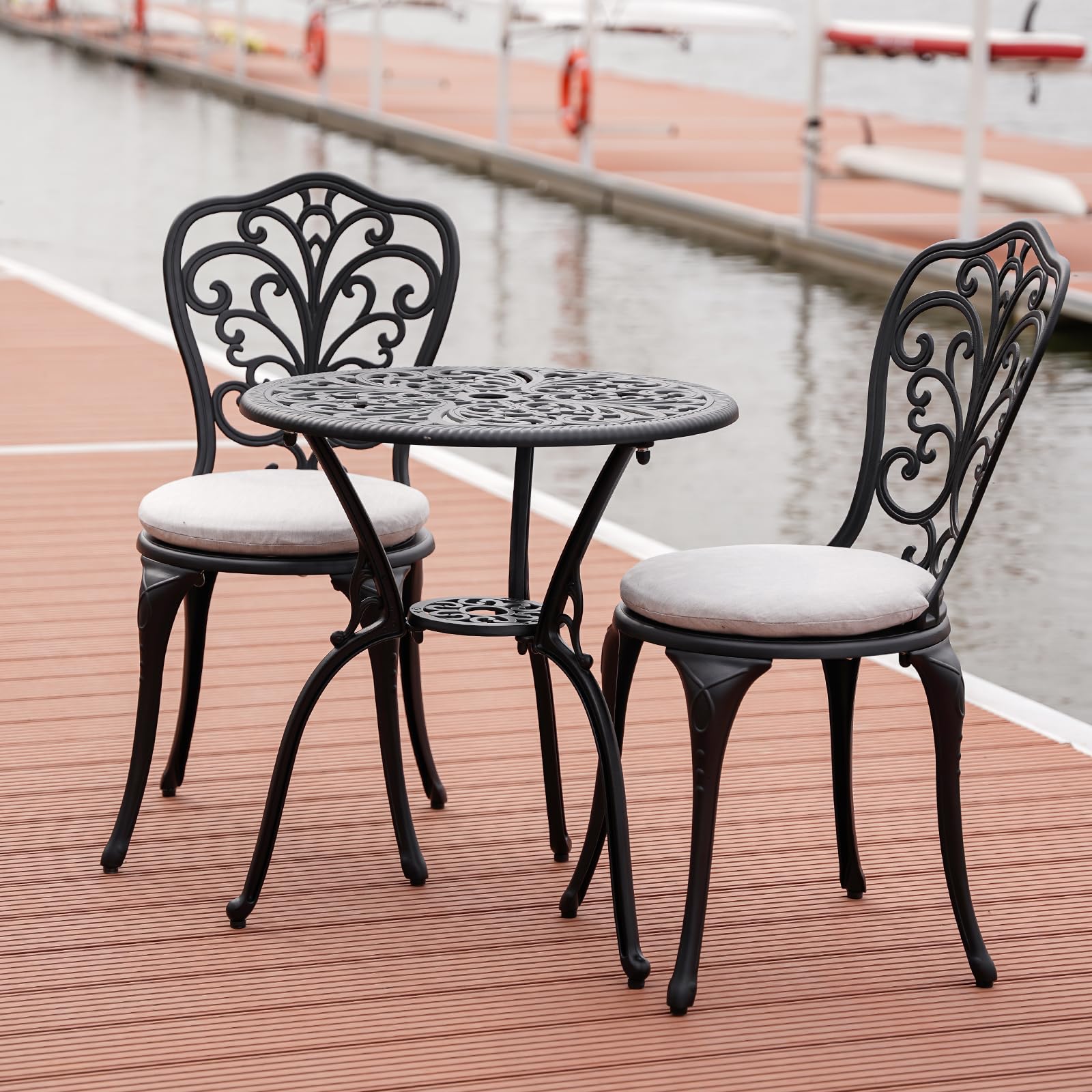 3 Piece Bistro Patio Set - Cast Aluminum Outdoor Table & 2 Chairs with Cushions, All-Weather Garden Furniture with Umbrella Hole (Black) - Perfect for Backyard, Balcony, and Poolside Relaxation