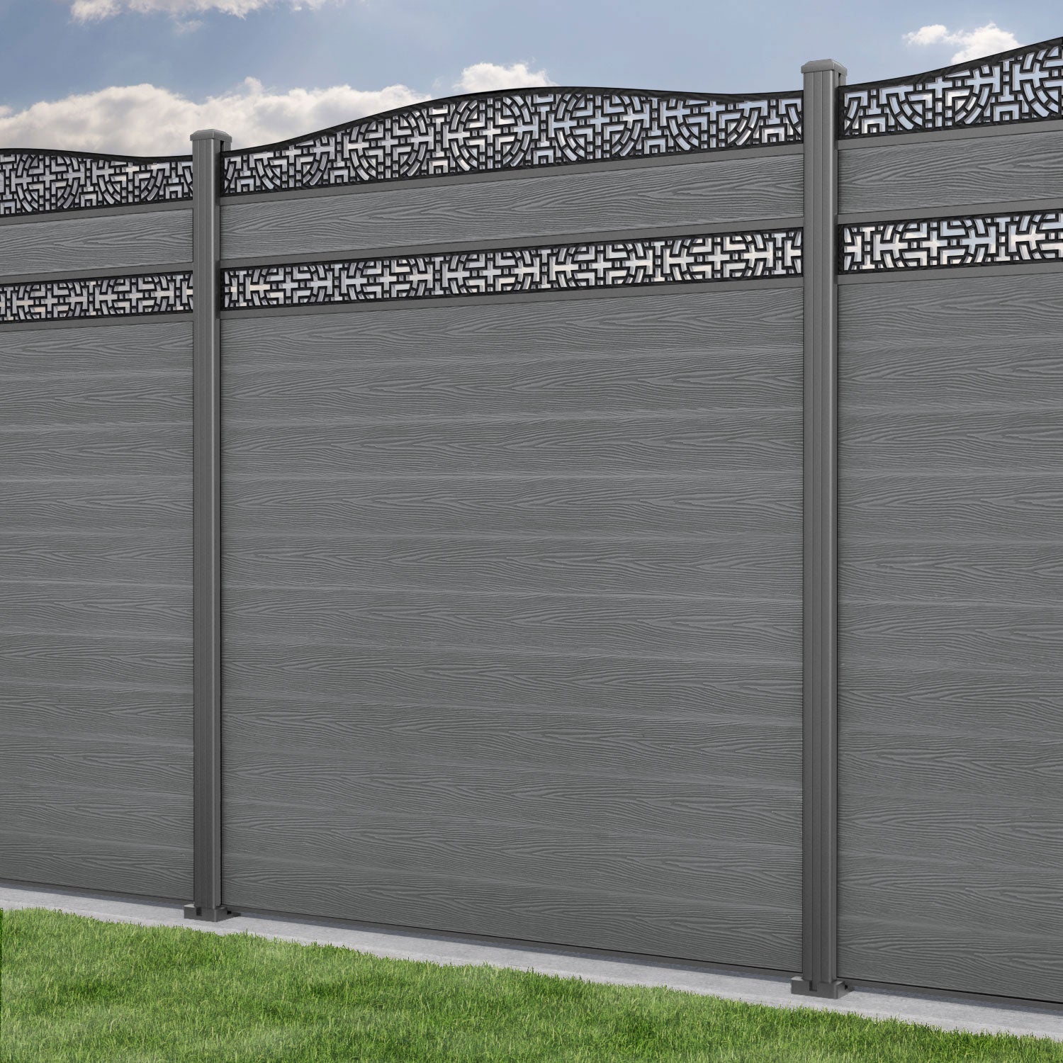 Classic Kumo Curved Top Split Screen Fence Panel - Mid Grey - with Aluminum Posts | Privacy Fencing for Backyard, Garden & Patio | Weather-Resistant Outdoor Decor