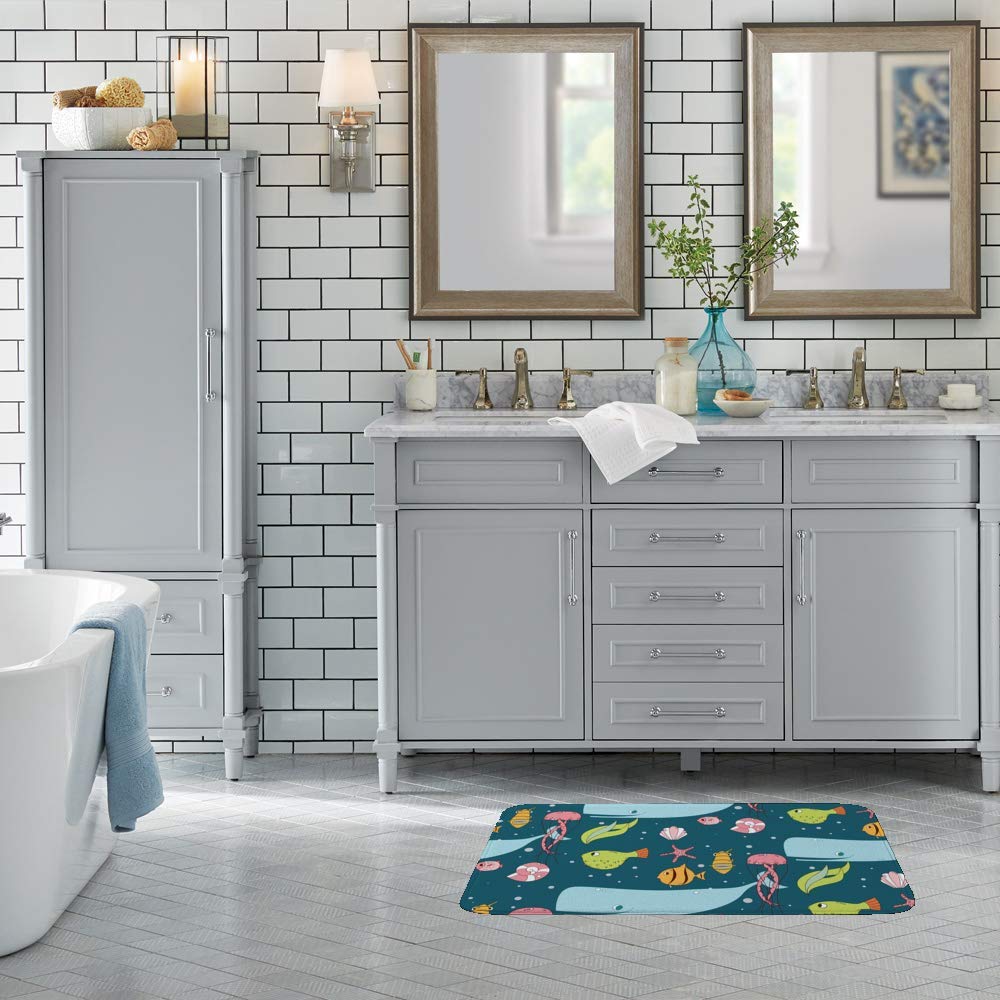 Non-Slip Memory Foam Bath Mat - Soft Rubber Back, Fast Drying & Machine Washable - 36 x 24 Inch Luxury Bathroom Rug with Whale & Jellyfish Design - Perfect for Hotels, Spas & Home Bathrooms