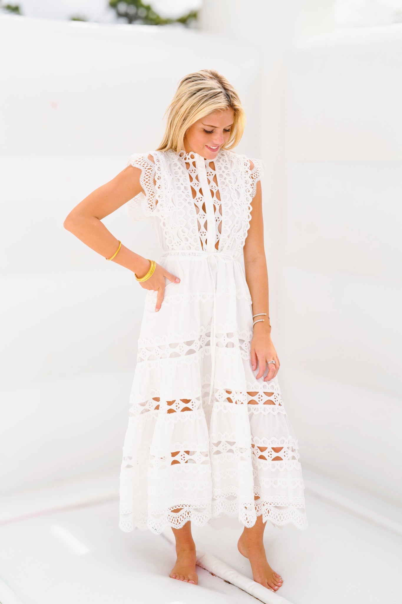 Christy Embroidered Belted Midi Dress for Women - Elegant White Floral Summer Dress for Casual Wear, Office & Wedding Guest Attire
