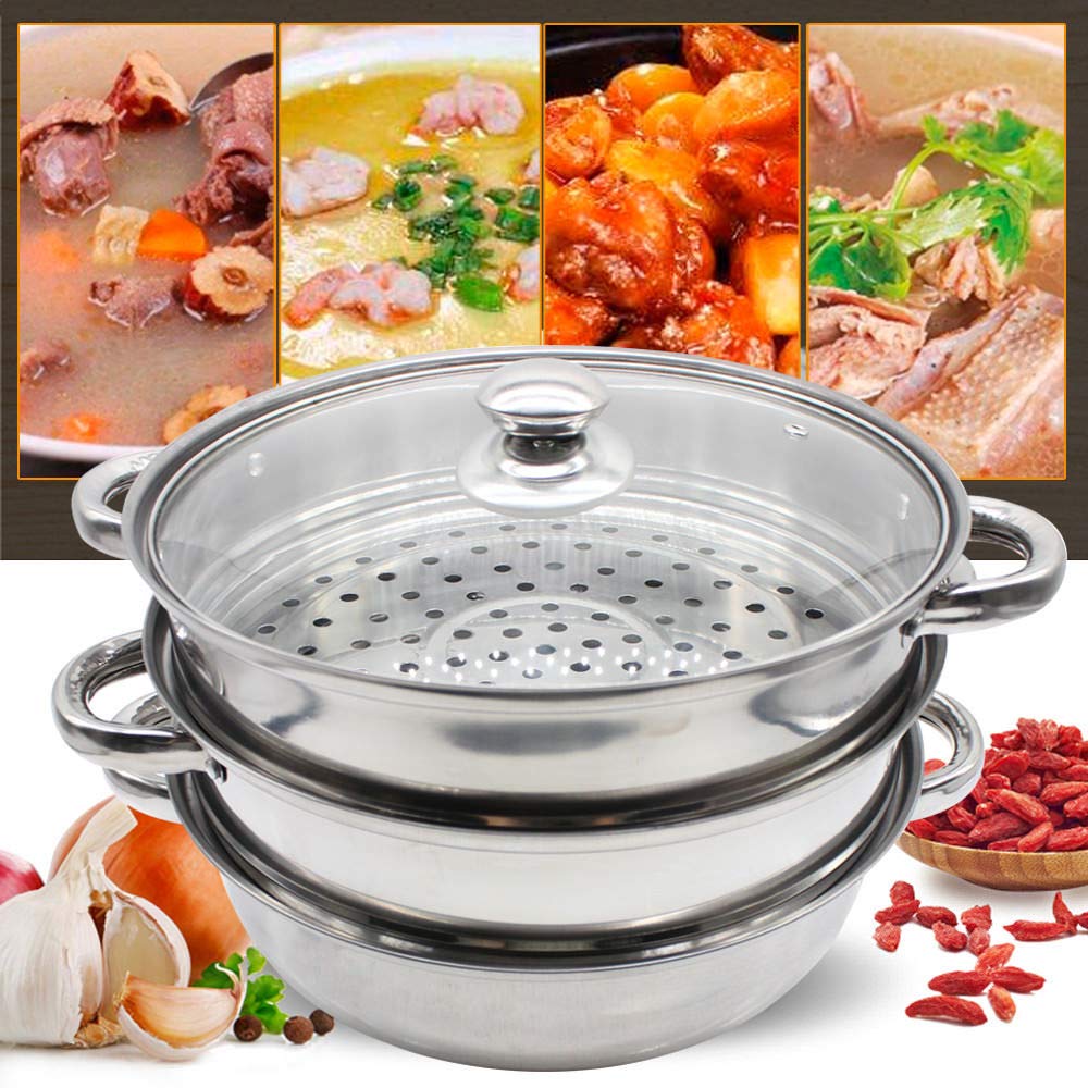 3-Tier Stainless Steel Steamer Pot with Lid - Multi-Level Food Steamer for Vegetables, Dumplings & Seafood - Durable Kitchen Cookware for Healthy Cooking, Meal Prep & Asian Cuisine
