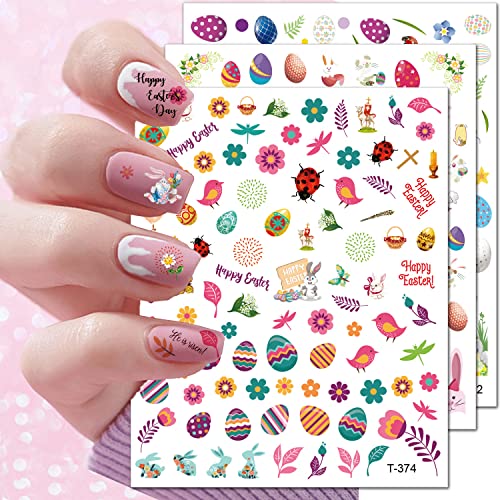 Easter Nail Art Stickers - 6 Sheets 3D Self-Adhesive Nail Decals with Easter Eggs, Bunny & Flowers - Manicure Decorations for Women & Girls - Perfect for Easter Basket Stuffers, Nail Polish Parties & Spring Nail Art Designs