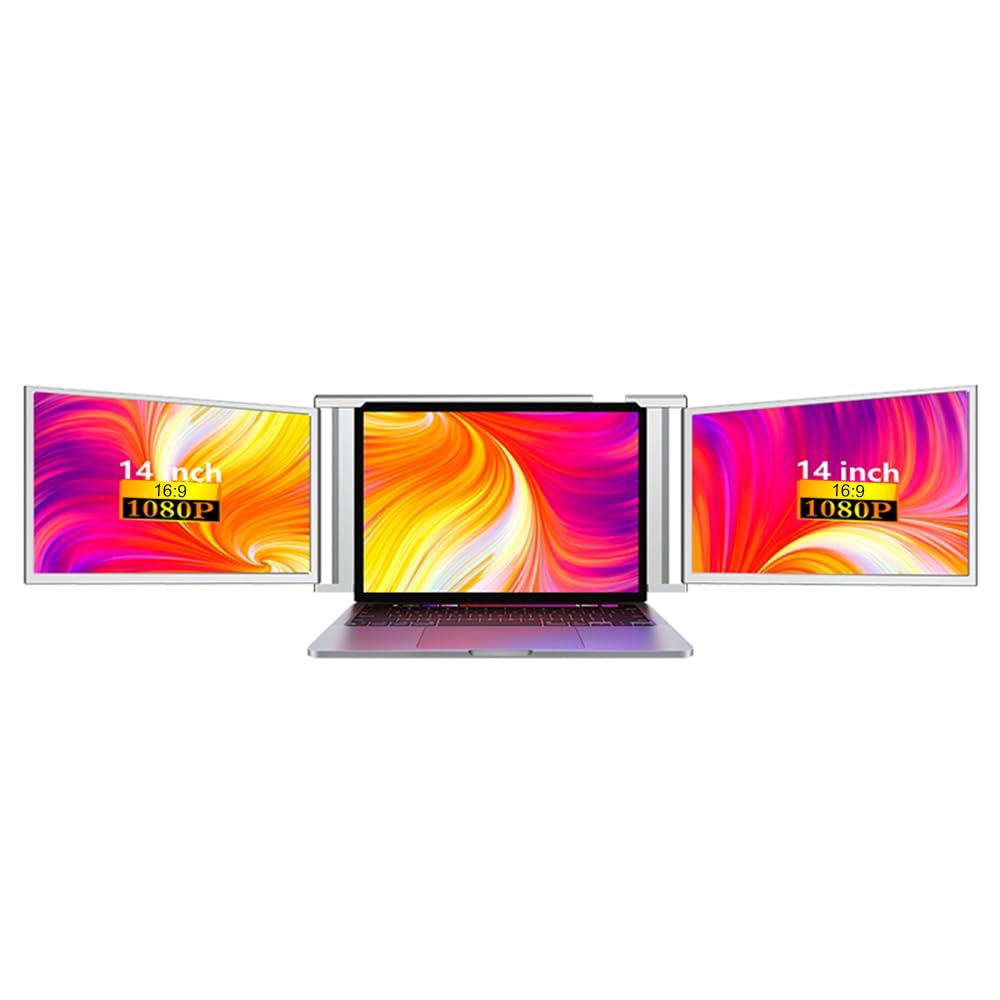 14 Inch Portable Triple Monitor for Laptop - FHD Expansion Screen with 1 Cable for 2 Displays - Compatible with Windows & MacOS for 13.3-16.5 Inch Laptops - Perfect for Work, Gaming & Multitasking