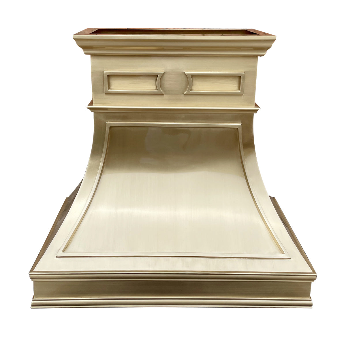 RHM Custom Brushed Brass Metal Range Hood with Stylish Crown Design - SH7 C 5TR Model | Premium Kitchen Ventilation for Modern & Traditional Homes