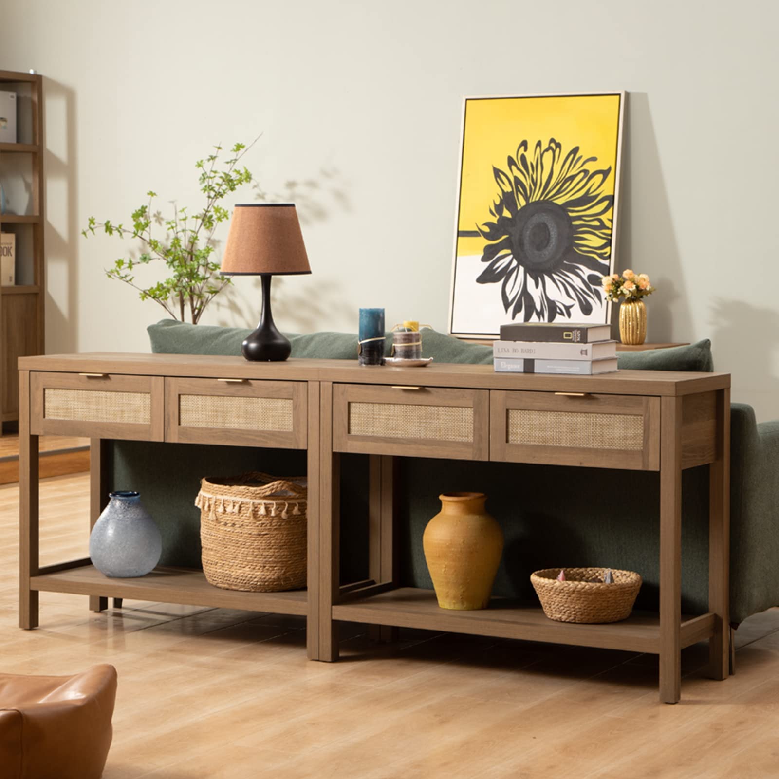 SICOTAS 2-Piece Boho Rattan Console Table Set with Drawers & 2-Tier Shelf - Narrow Long Entryway Sofa Table for Living Room, Hallway, Foyer - Perfect for Small Space Decor & Apartment Entry Organization