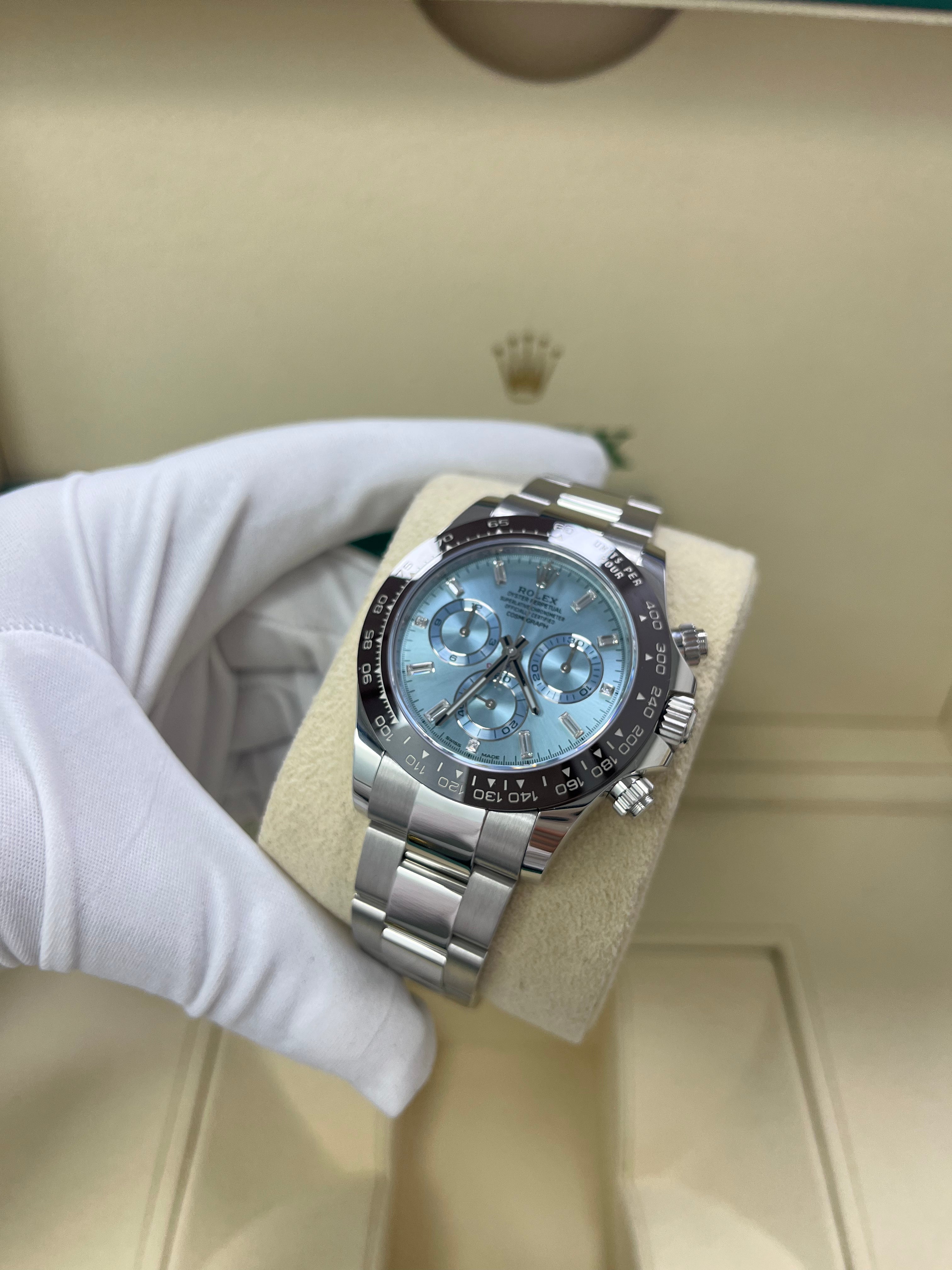 Rolex Daytona Platinum 40mm Ice Blue Diamond Baguette Dial Watch (Ref #116506) - Luxury Men's Chronograph for Special Occasions & Collectors