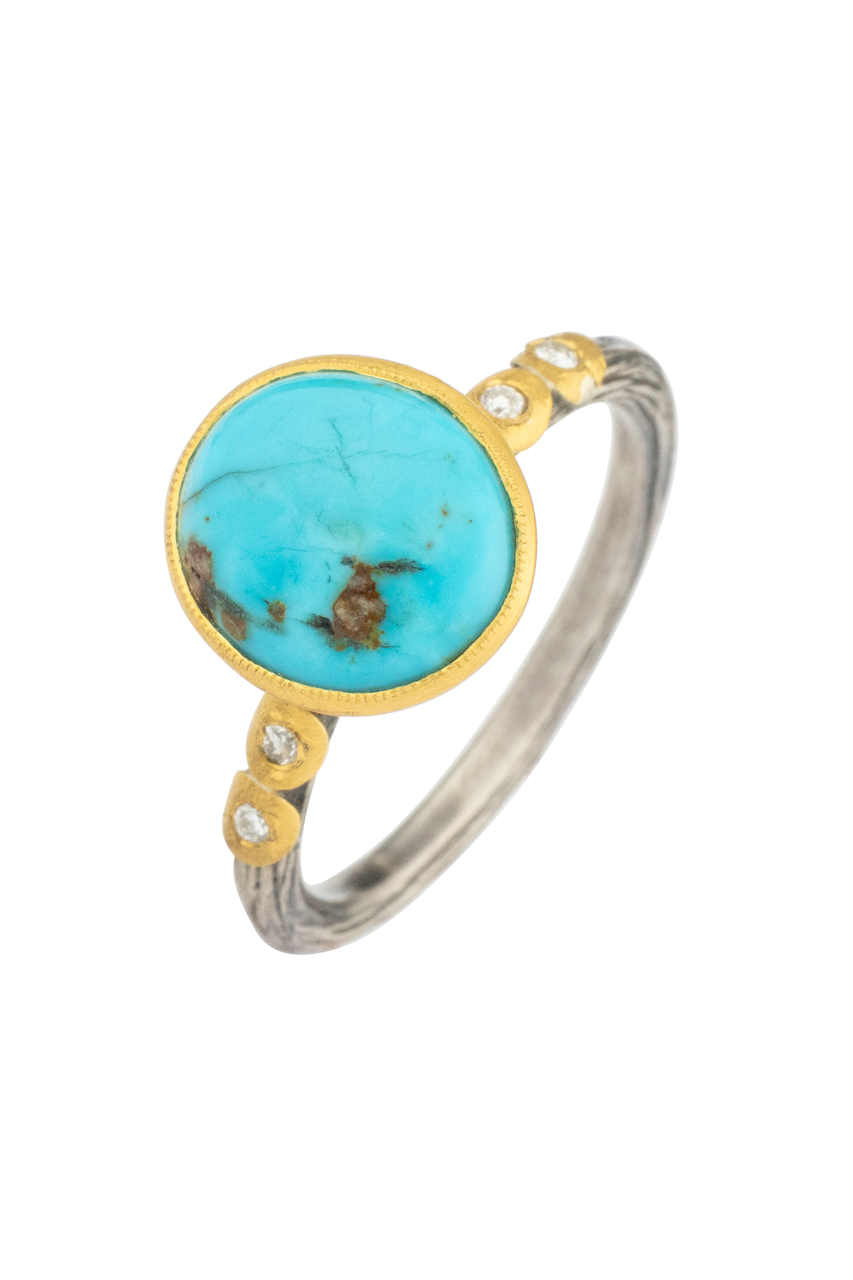 Exquisite Round Bisbee Turquoise & Diamond Ring for Women | Handcrafted Sterling Silver Jewelry | Perfect for Weddings, Anniversaries & Special Occasions