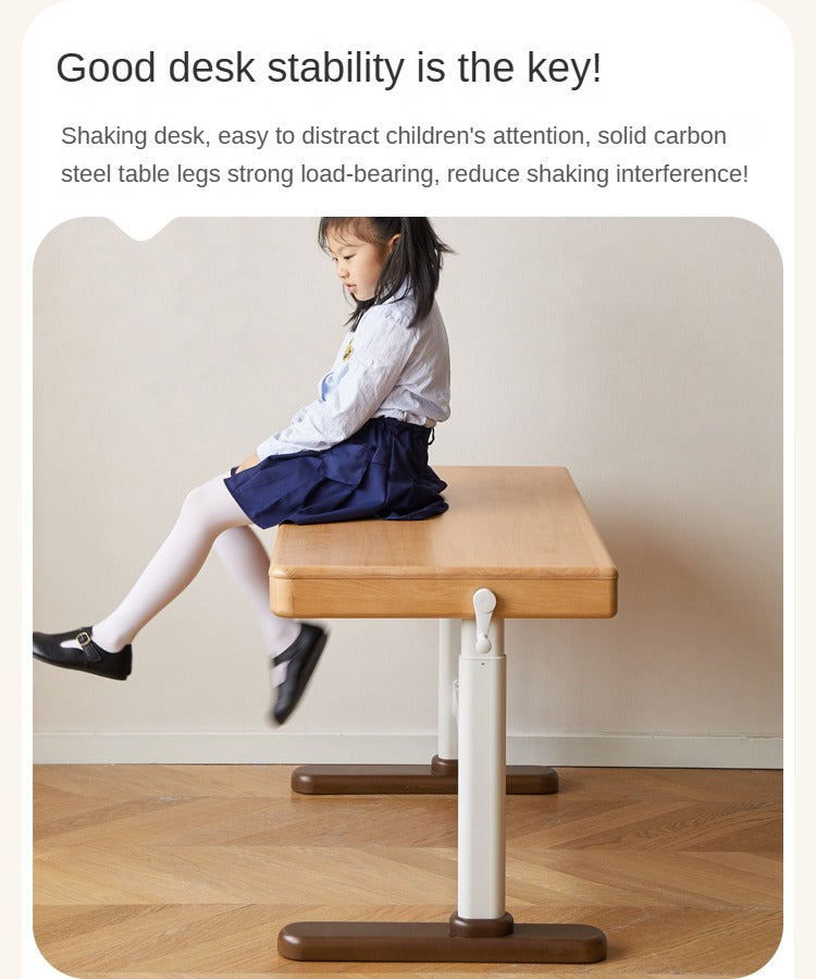 Beech Solid Wood Adjustable Height Kids Study Desk with Hand Crank Lift - Perfect for Homeschooling, Online Learning & Children's Homework Station