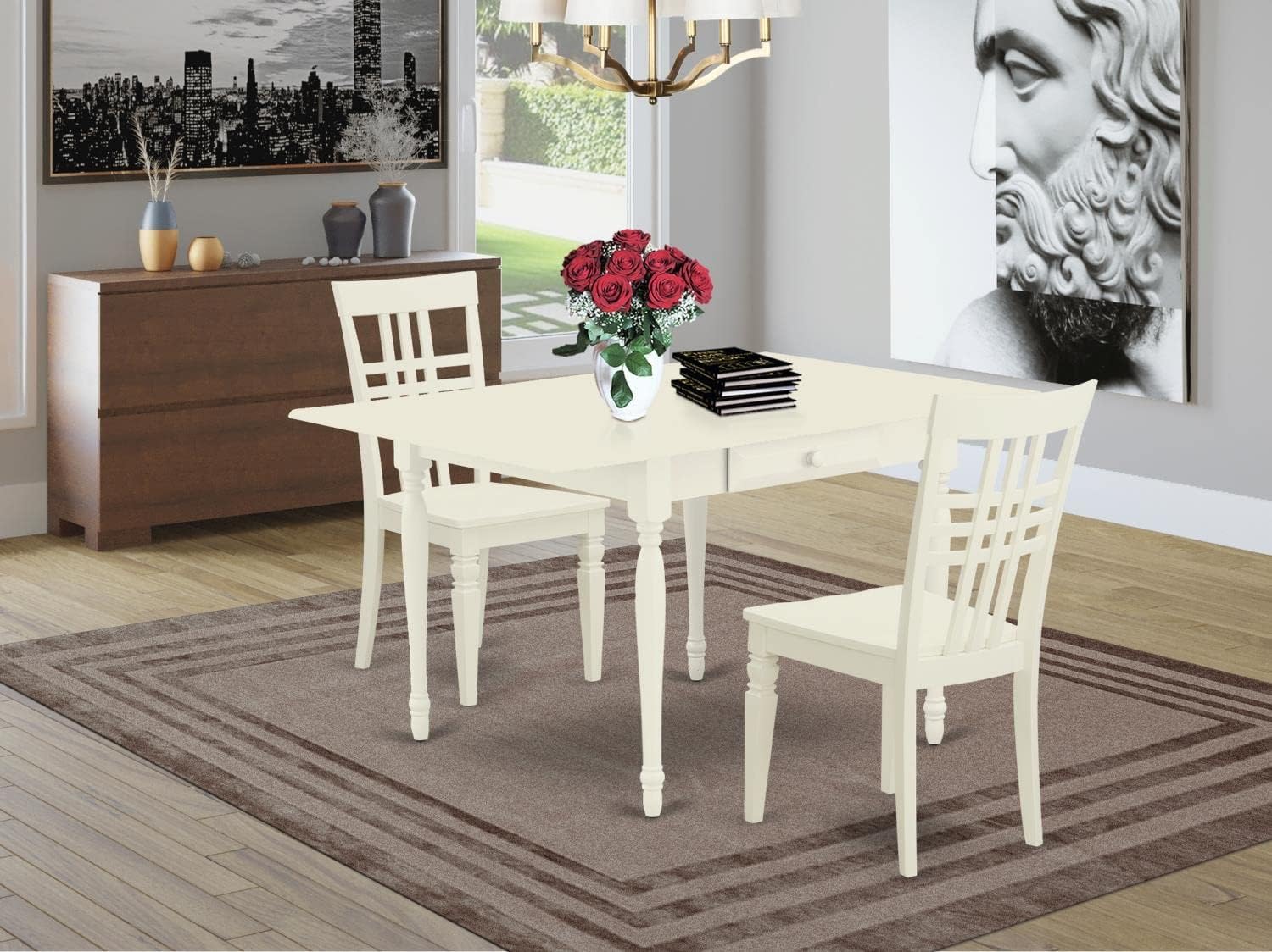 East West Furniture MZLG3-LWH-W 3 Piece Dining Set with Drop Leaf Table & 2 Wood Chairs, 36x54 Inch, Linen White - Perfect for Small Spaces, Breakfast Nooks & Cozy Apartments