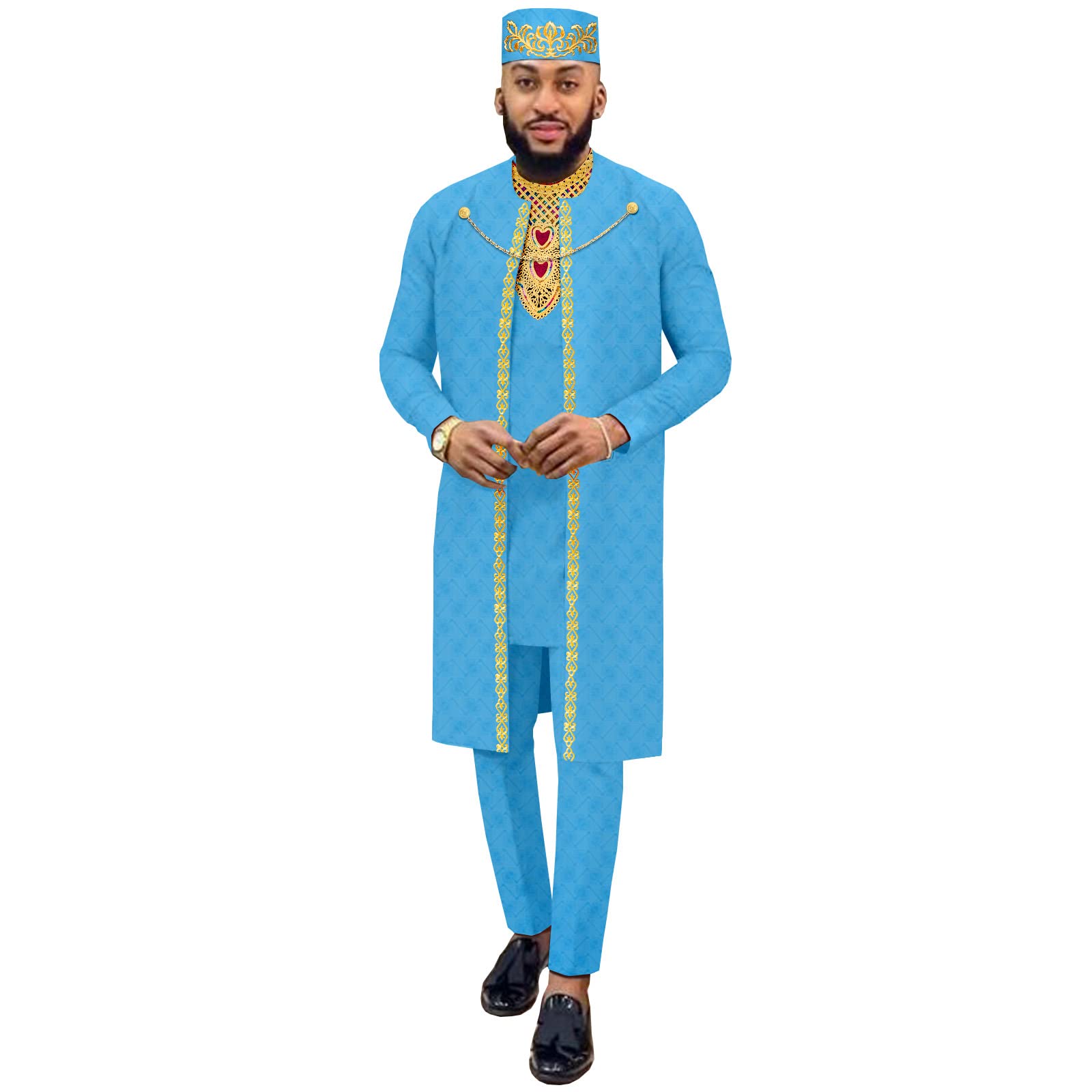 African Dashiki Outfit for Men - 4 Piece Set with Embroidered Jacket, Shirt, Pants & Hat | Traditional Wedding Attire & Evening Wear | Perfect for Cultural Events, Parties & Special Occasions