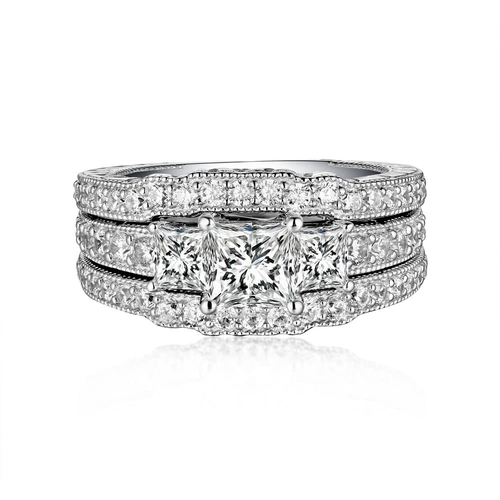 2.8 Ctw Moissanite Princess Cut Wedding Ring Set for Women - Platinum Plated Silver 3-Piece Bridal Set with 3 Stones - Engagement & Anniversary Promise Rings - Perfect for Proposals, Weddings, and Special Occasions