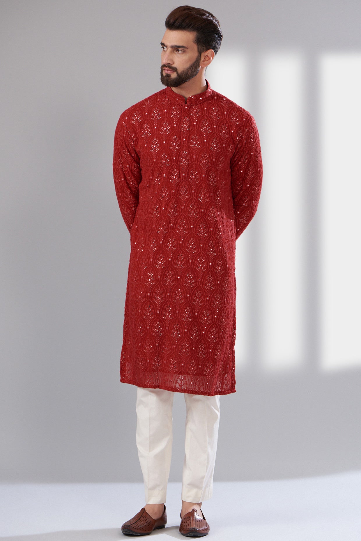 Elegant Red Chikankari Kurta for Women - Handcrafted Indian Embroidered Tunic Top - Perfect for Festivals, Weddings & Ethnic Occasions